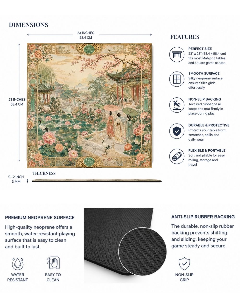 Premsons® The Emperor’s Summer Retreat Mahjong Table Mat – Premium Anti-Slip Square Gaming & Decorative Mat - 23 x 23 inch - Versatile Non-Slip Play Surface