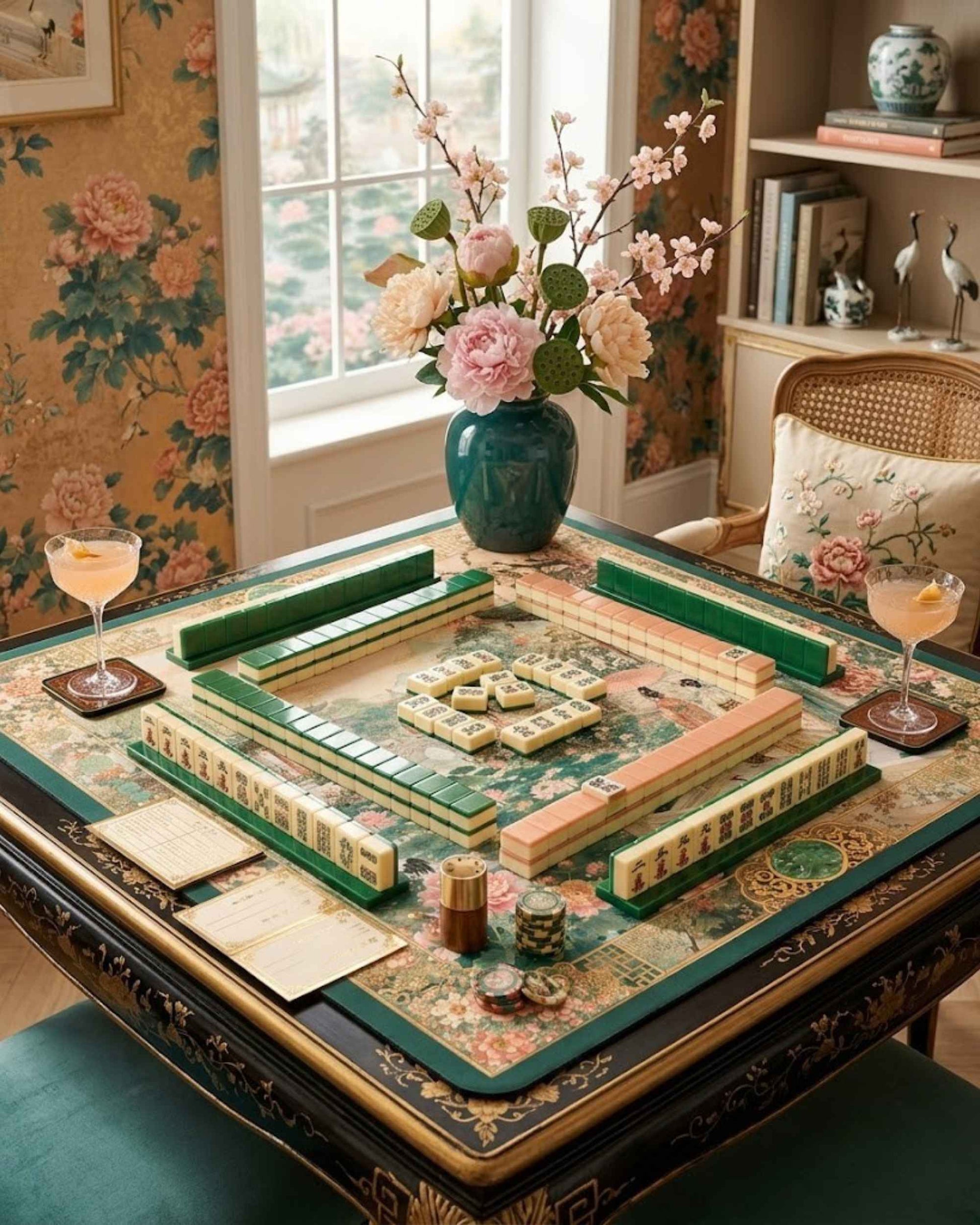 Square mahjong table mat with green floral border and inner play mat