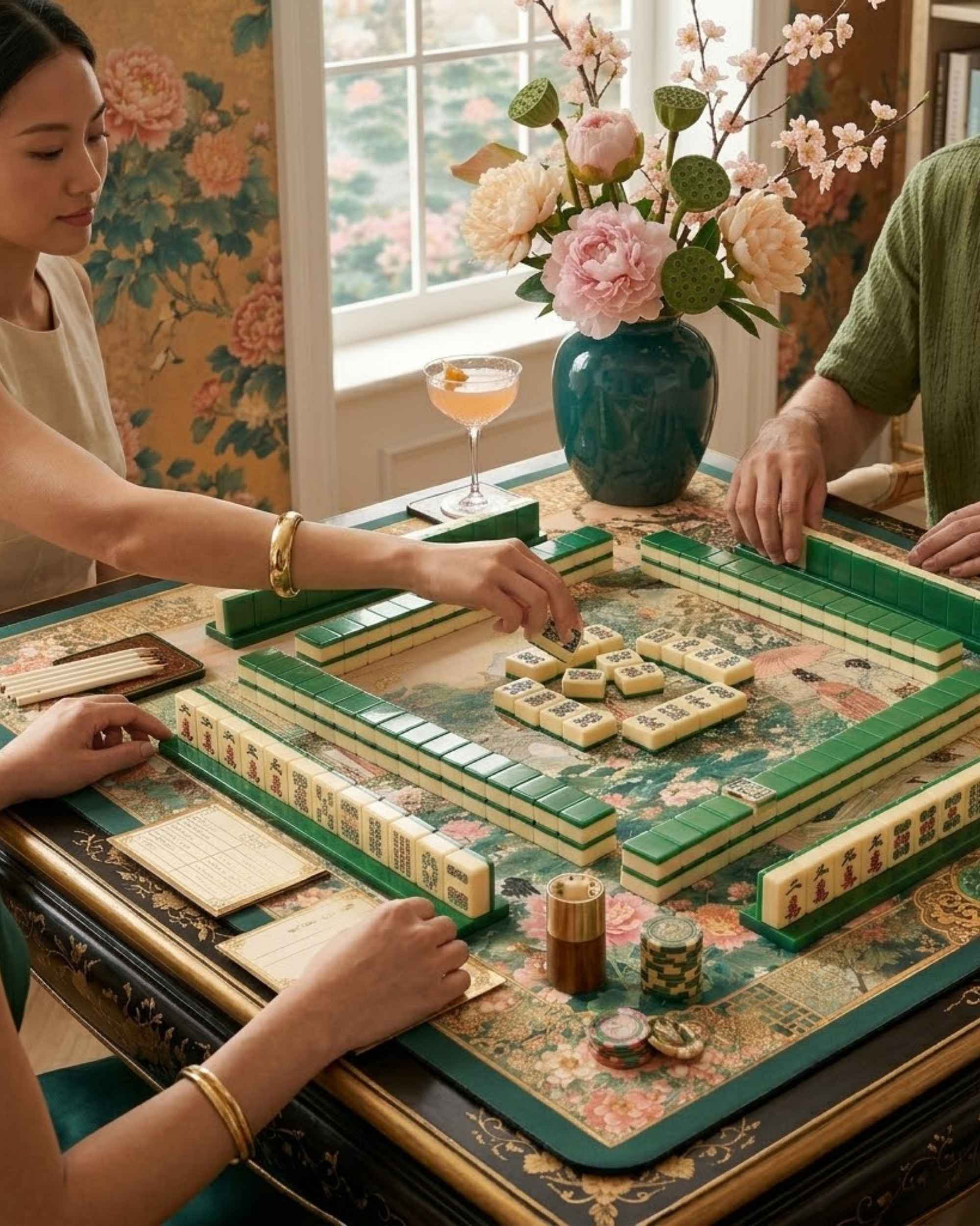 Square mahjong table mat in use with players placing tiles on green floral surface