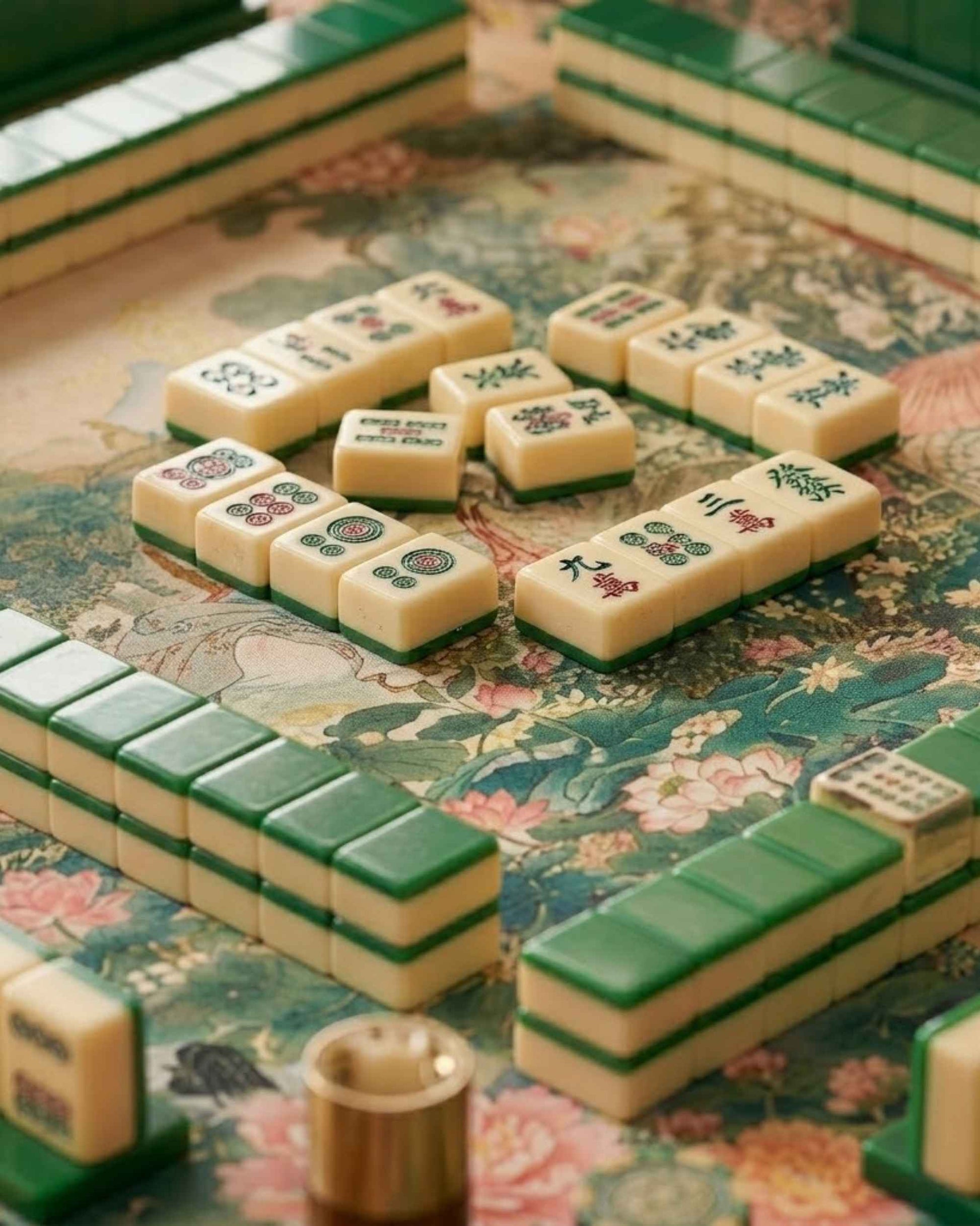Mahjong table mat close-up with cream and green tiles on floral background