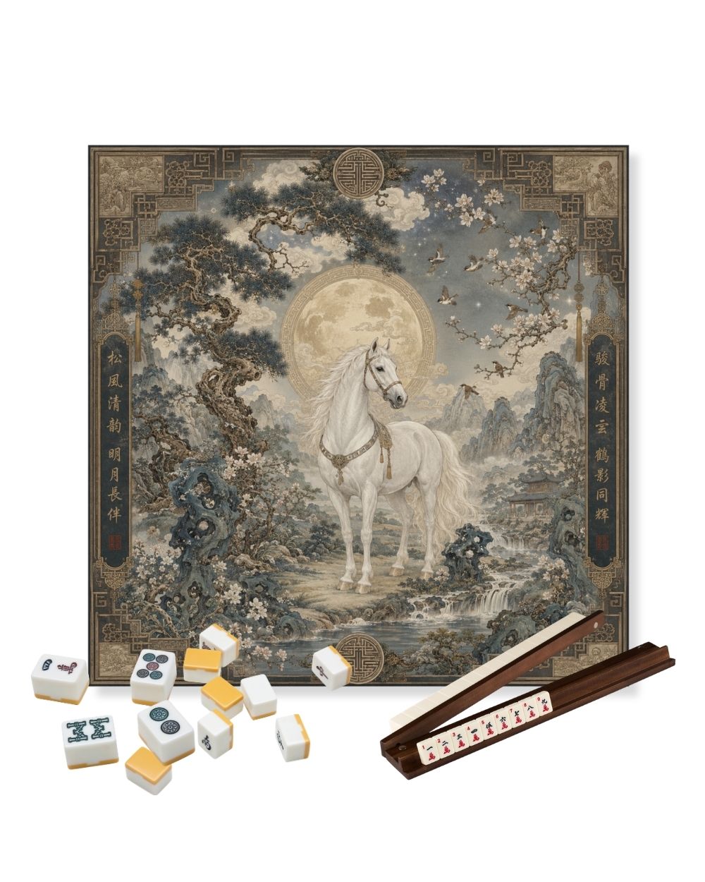 Premsons® The Emperor’s White Stallion Mahjong Table Mat – Premium Anti-Slip Square Gaming & Decorative Mat - 23 x 23 inch - Versatile Non-Slip Play Surface