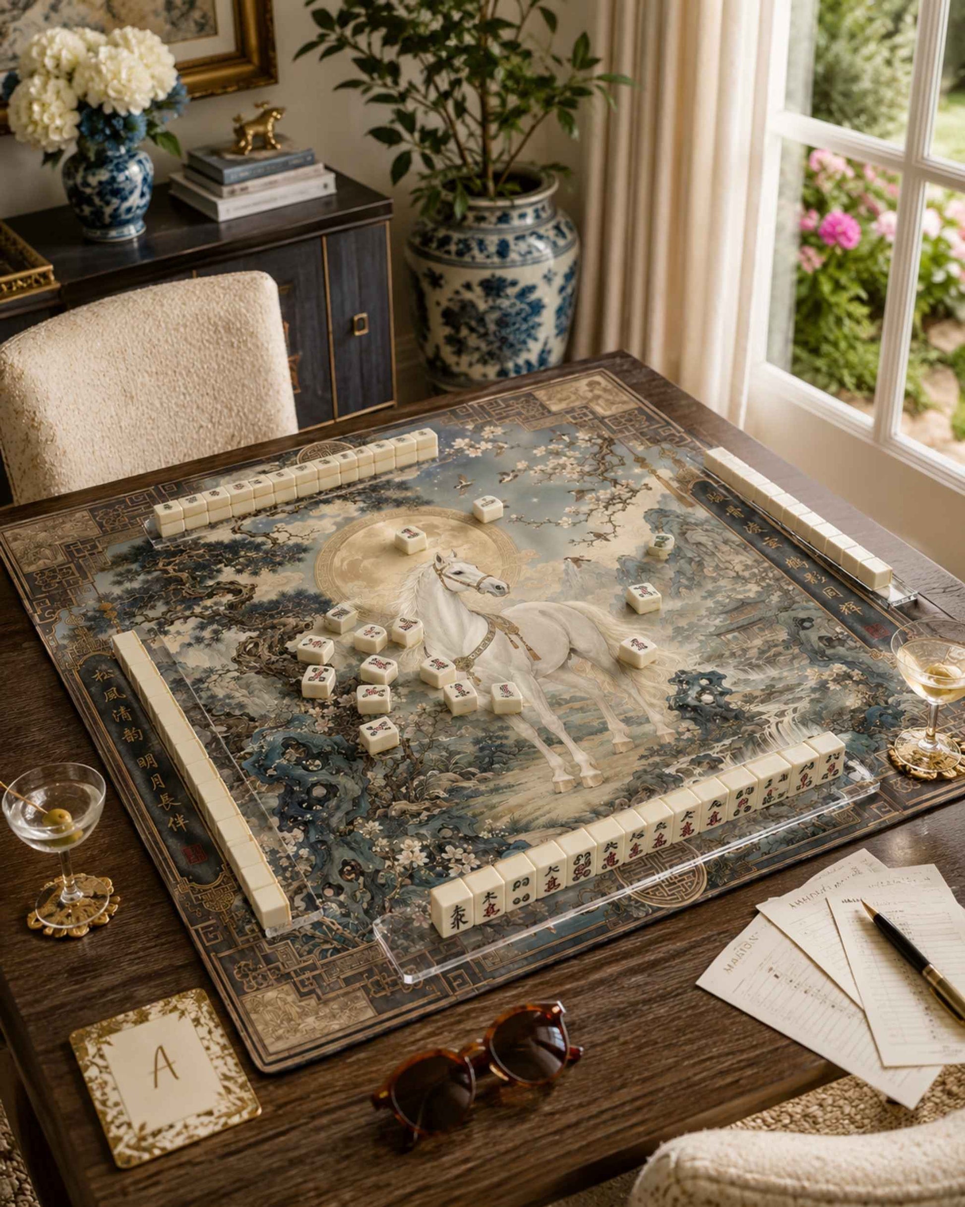 Square gaming table mat with anti-slip design, blue and cream with white stallion illustration