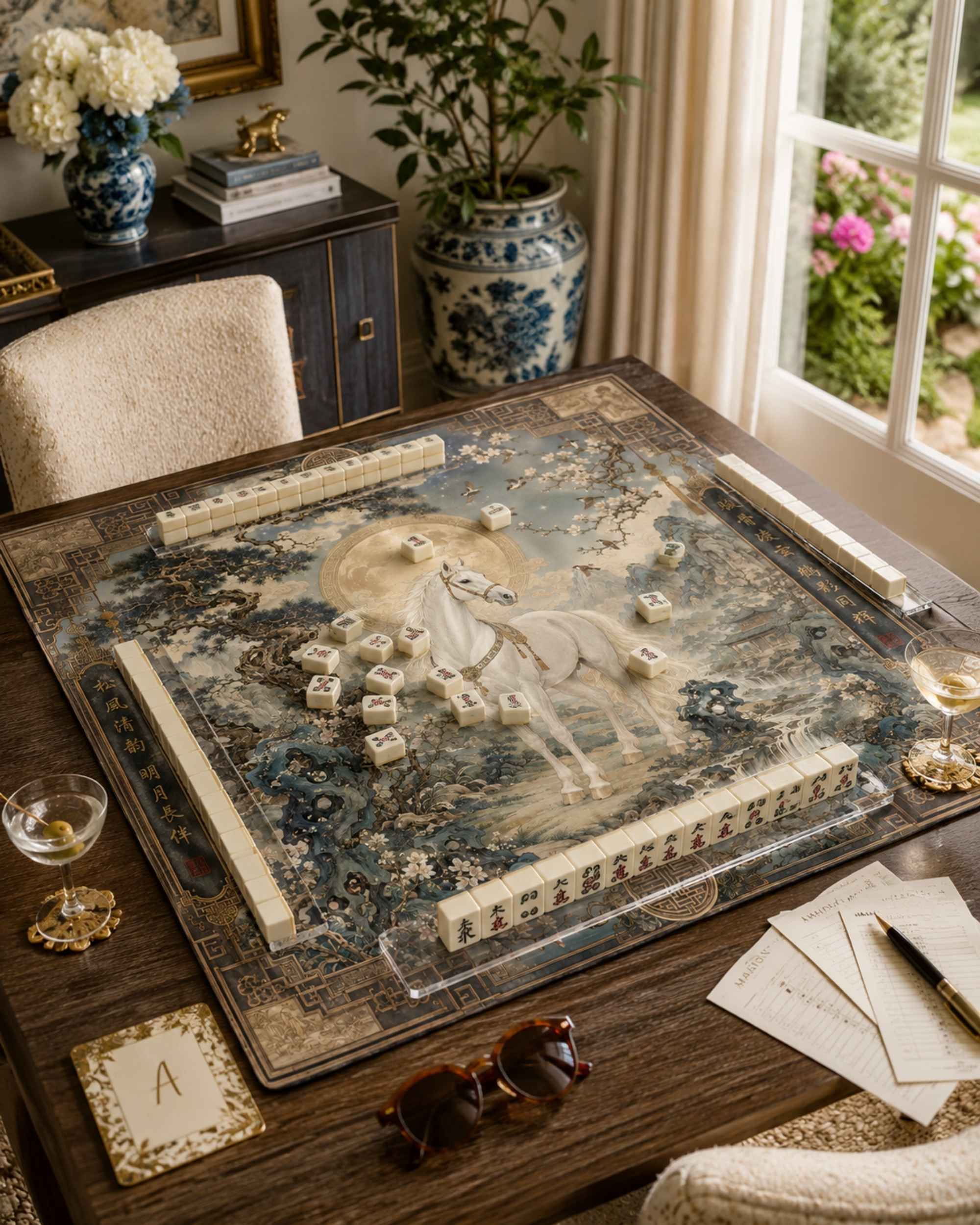 Square gaming table mat with anti-slip design, blue and cream with white stallion illustration