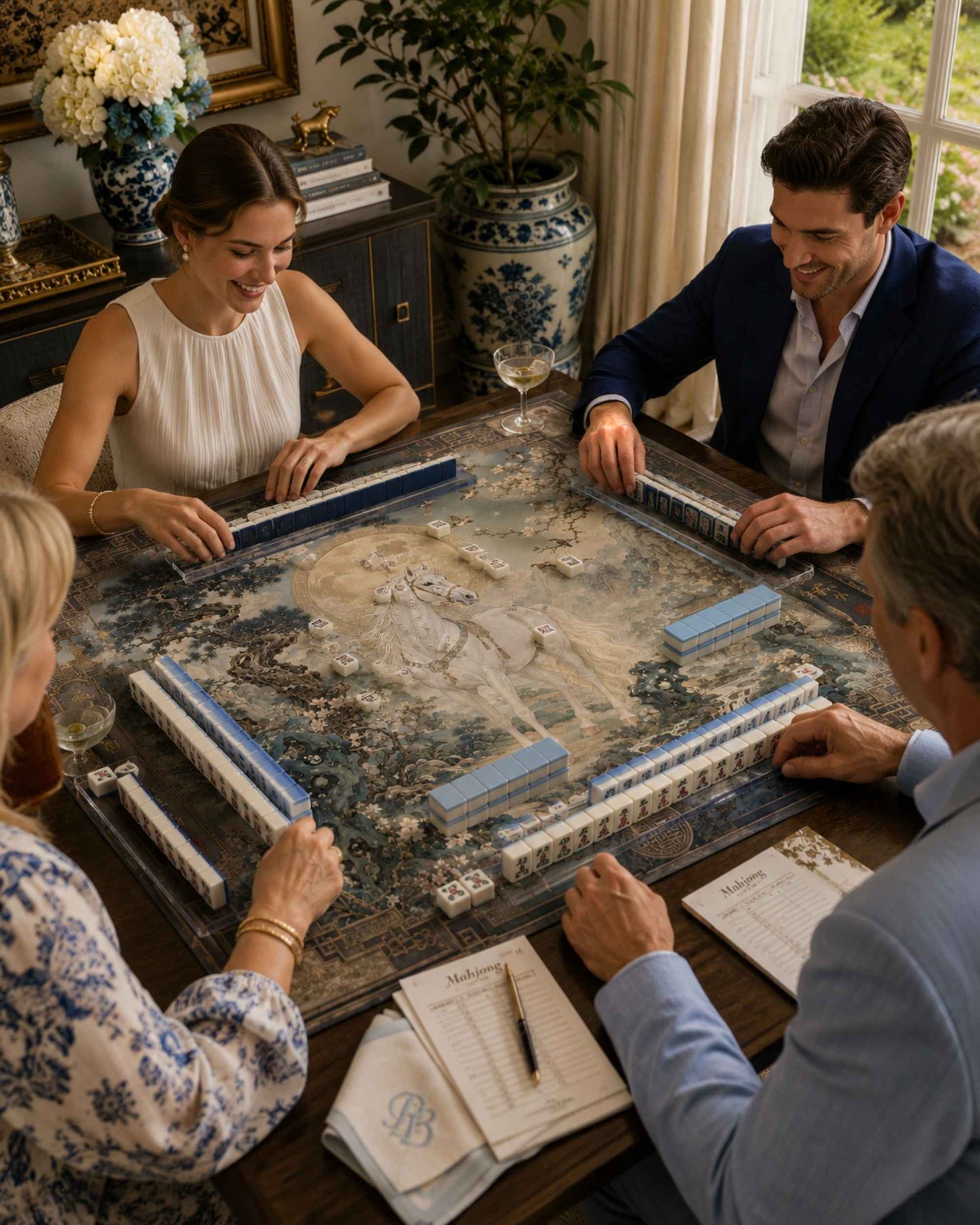 Square gaming table mat with blue and cream horse artwork, used for a family mahjong game