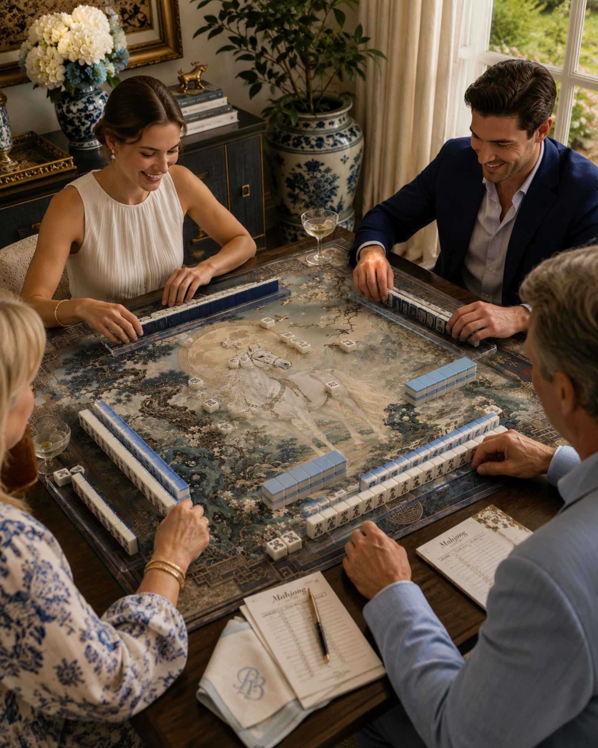 Square gaming table mat with blue and cream horse artwork, used for a family mahjong game