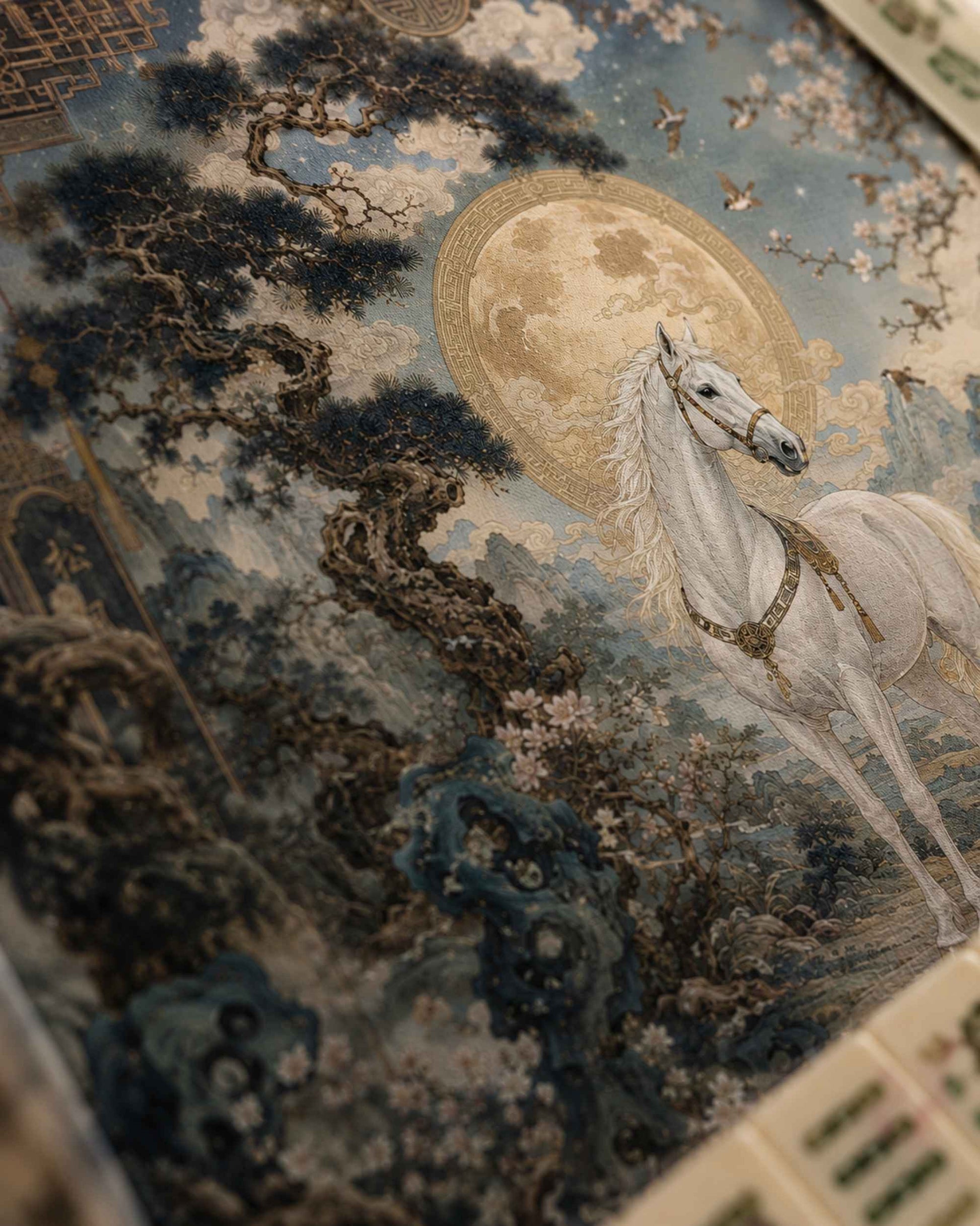 Close-up square table mat showing white stallion over blue clouds and ornate border
