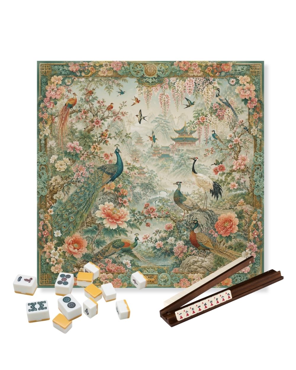 Premsons® The Hundred Birds Garden Mahjong Table Mat – Premium Anti-Slip Square Gaming & Decorative Mat - 23 x 23 inch - Versatile Non-Slip Play Surface