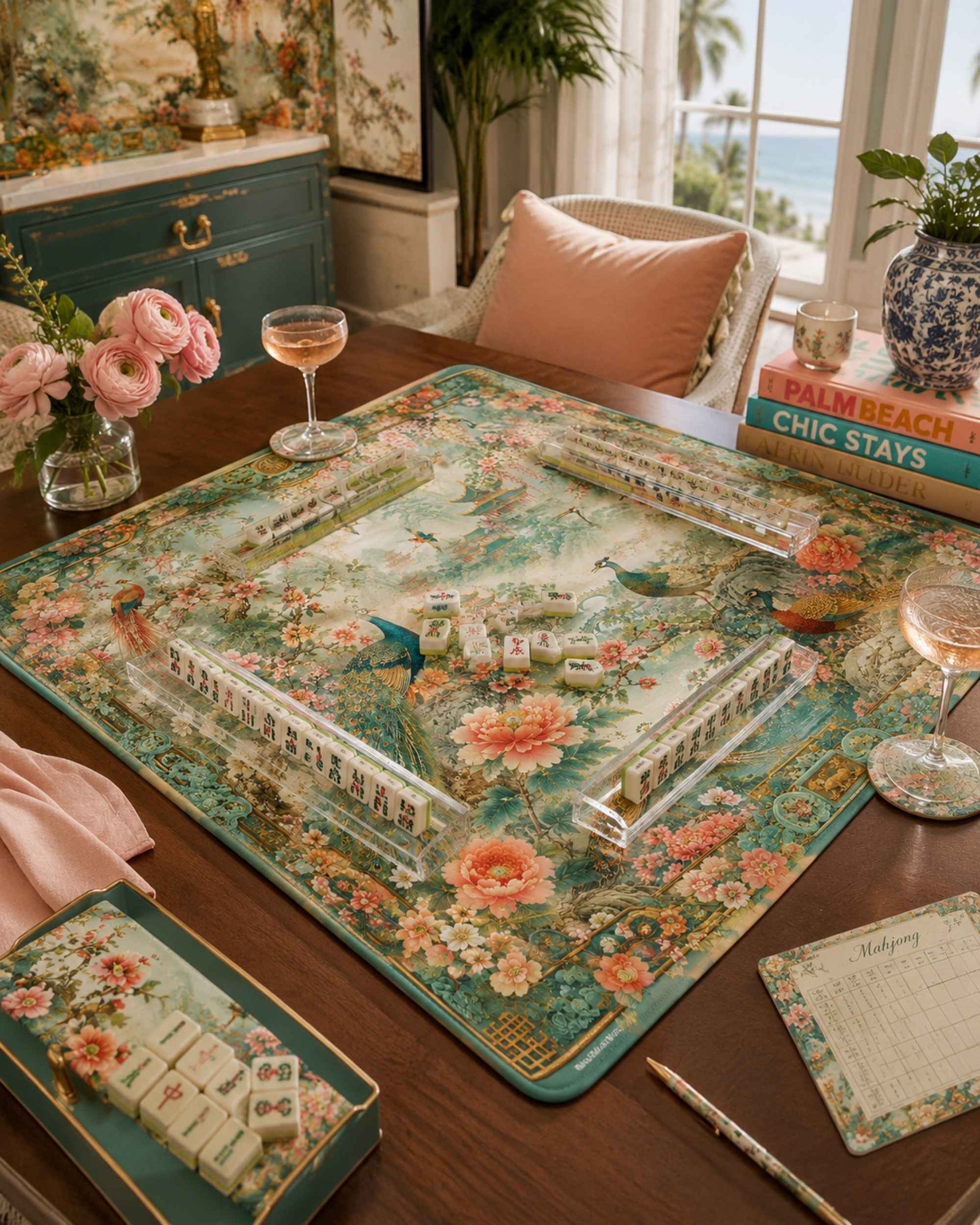 Square garden mahjong table mat with teal floral peacock design and stitched border