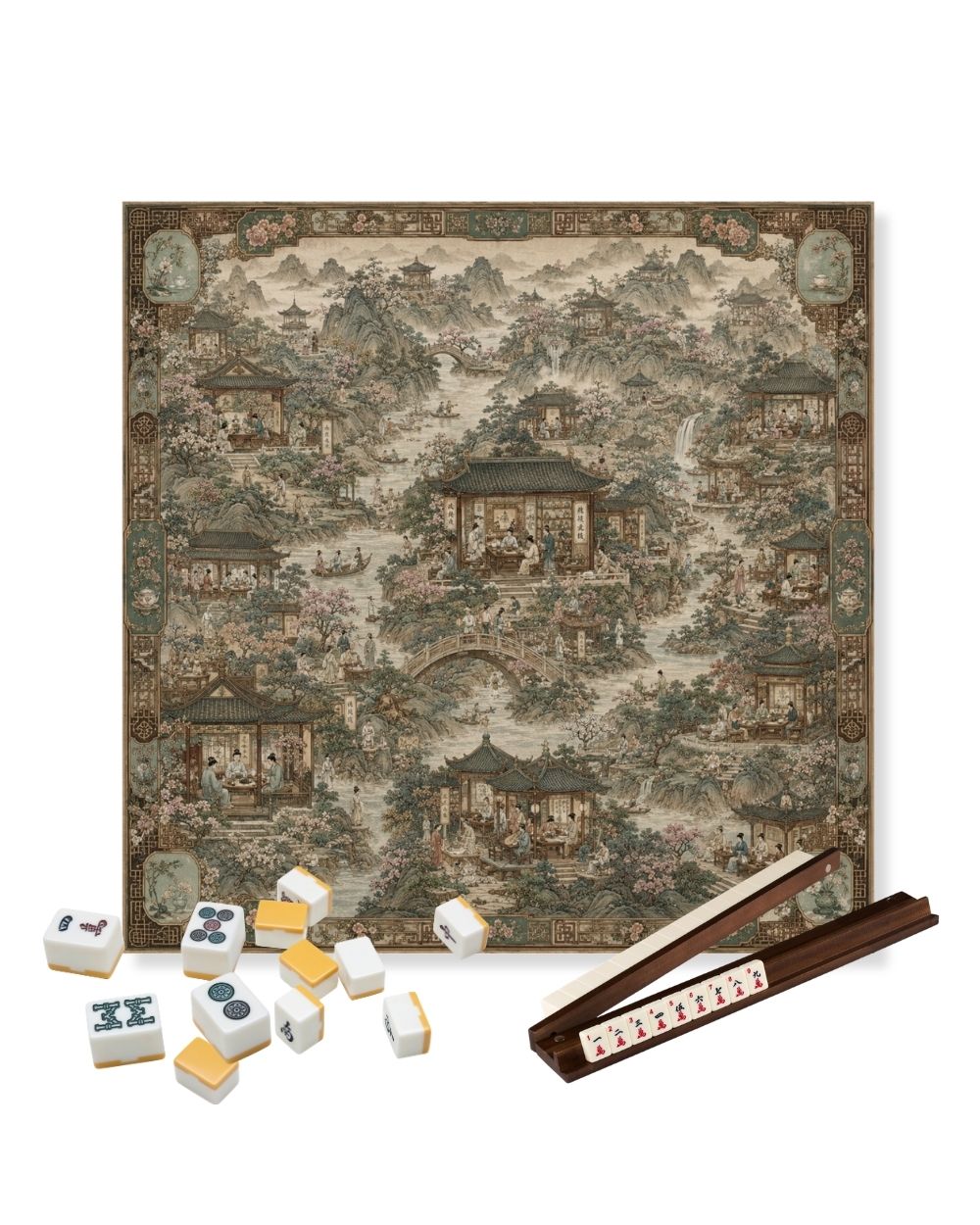 Premsons® The Hundred Tea Houses Mahjong Table Mat – Premium Anti-Slip Square Gaming & Decorative Mat - 23 x 23 inch - Versatile Non-Slip Play Surface