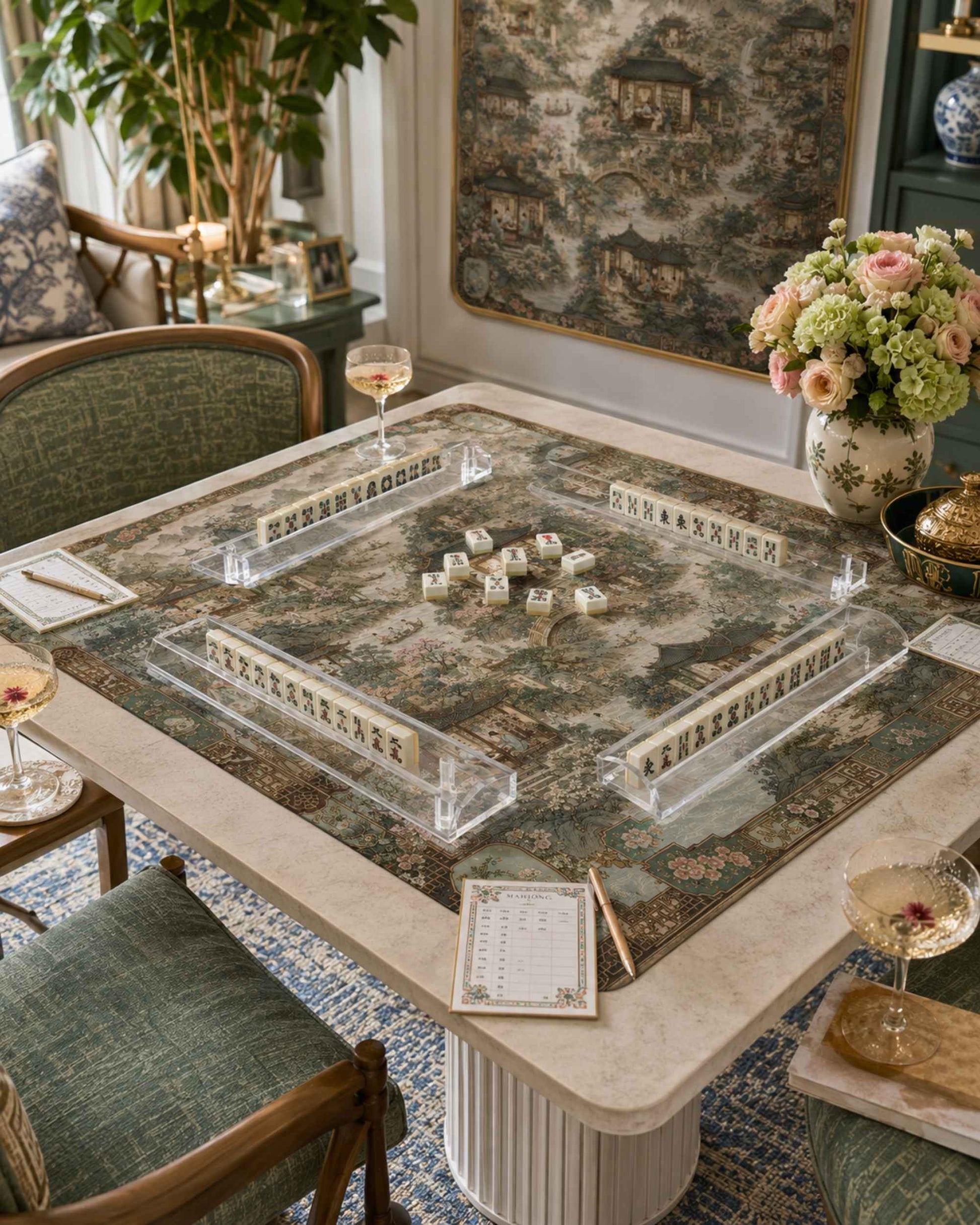 Square table mat with oriental tea-house print in gray-green, includes clear tile guides