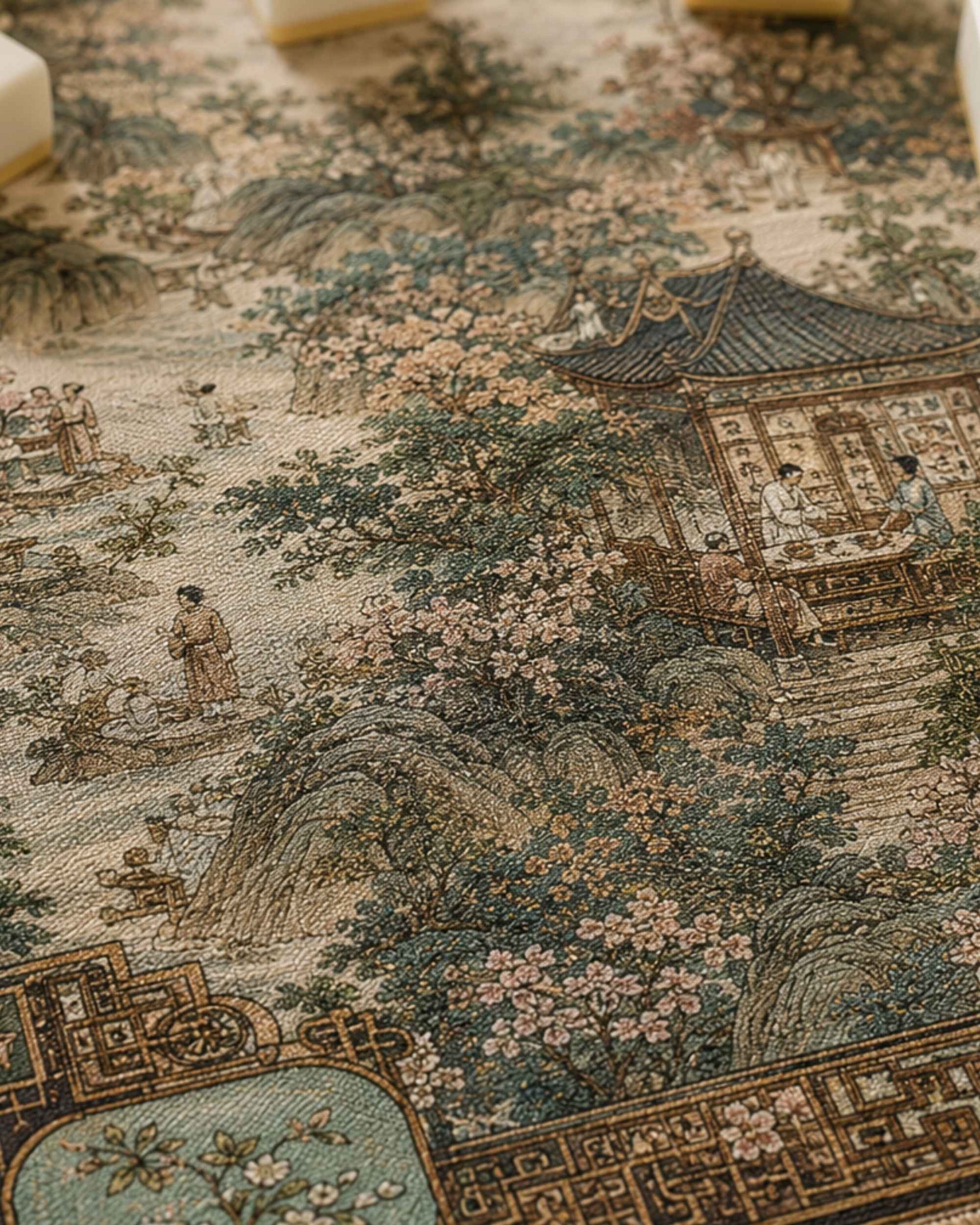 Close view of square mat with oriental landscape print in green, blue, and beige
