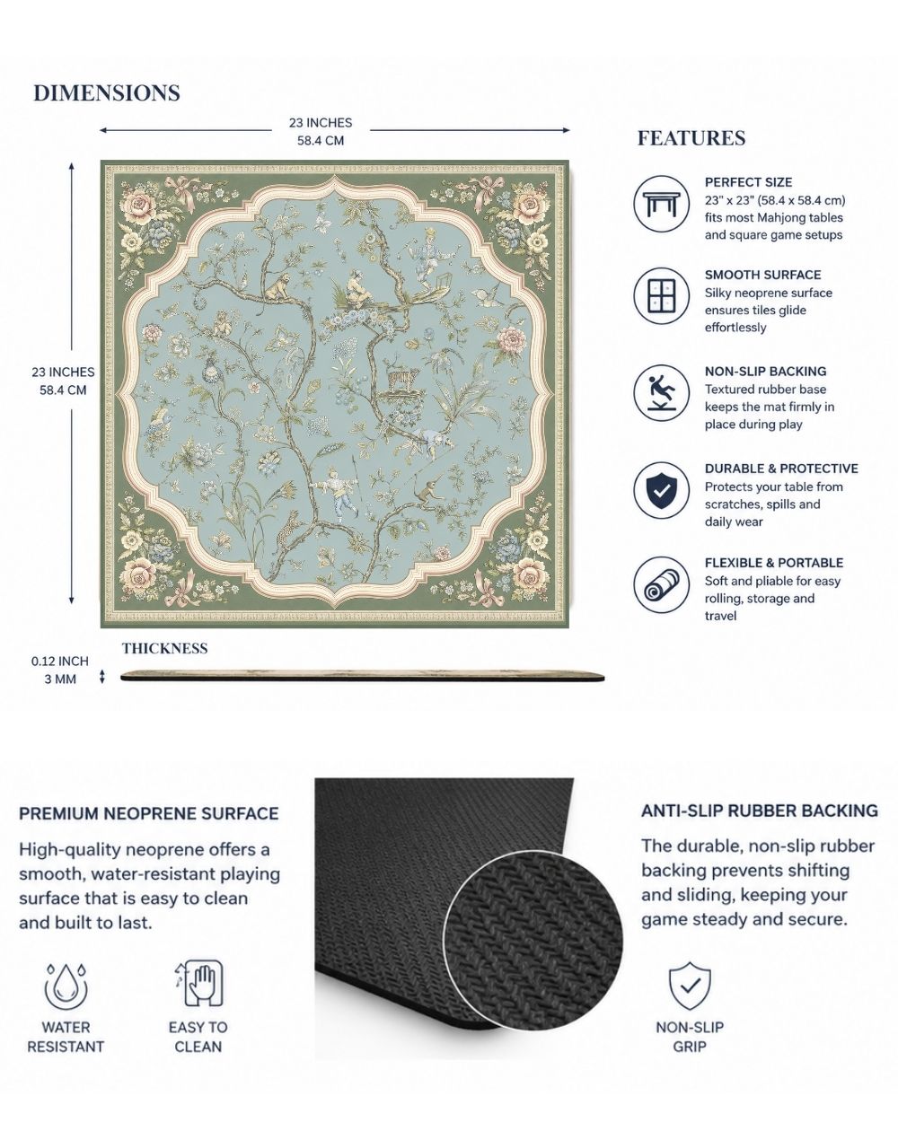 Premsons® The Jasmine Tea House Mahjong Table Mat – Premium Anti-Slip Square Gaming & Decorative Mat - 23 x 23 inch - Versatile Non-Slip Play Surface