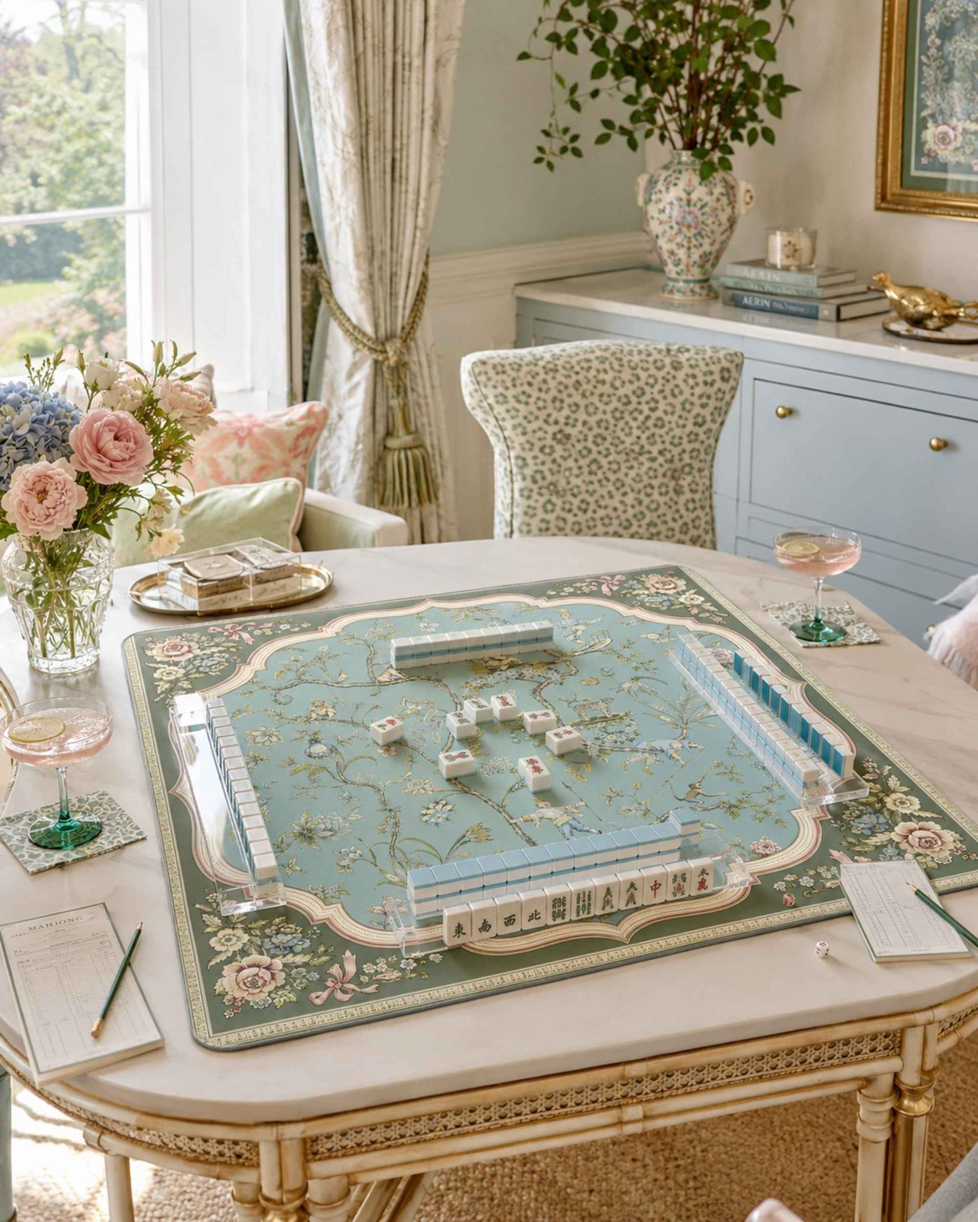 Square mahjong table mat with turquoise center, ornate beige border, floral garden print