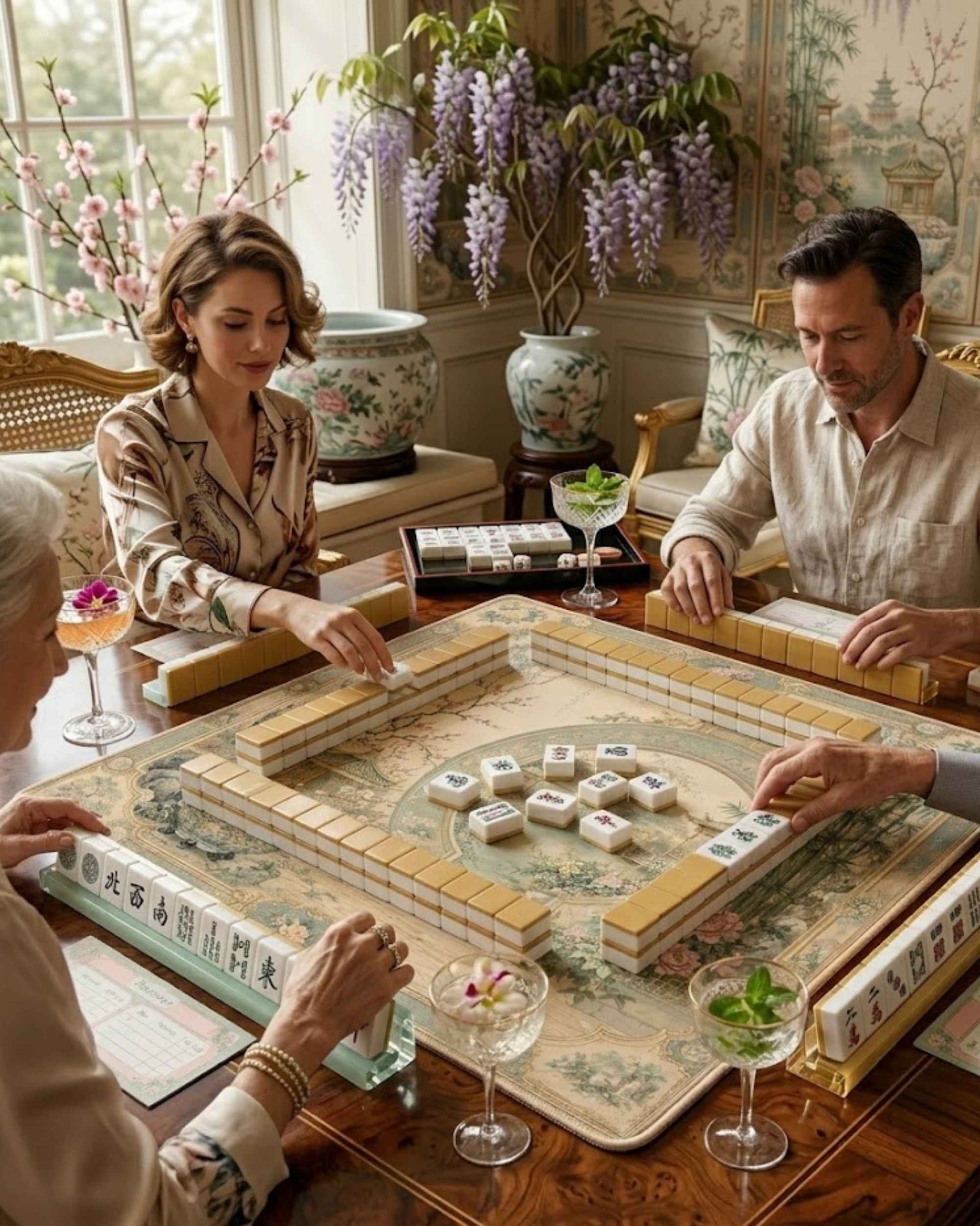 Square mahjong table mat with beige garden print and circular arch motif, floral corners.