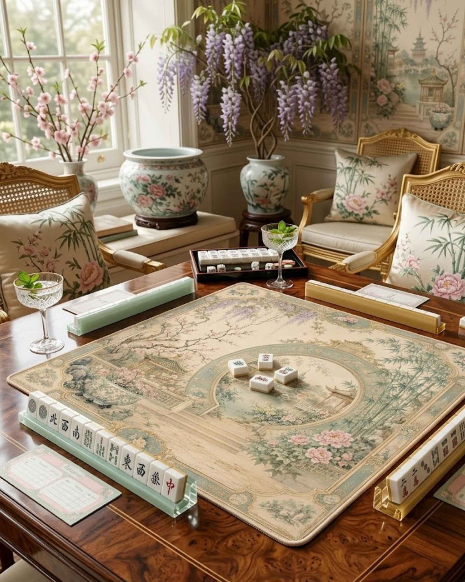 Square mahjong table mat with ornate garden border and circular moon gate emblem, beige and green.