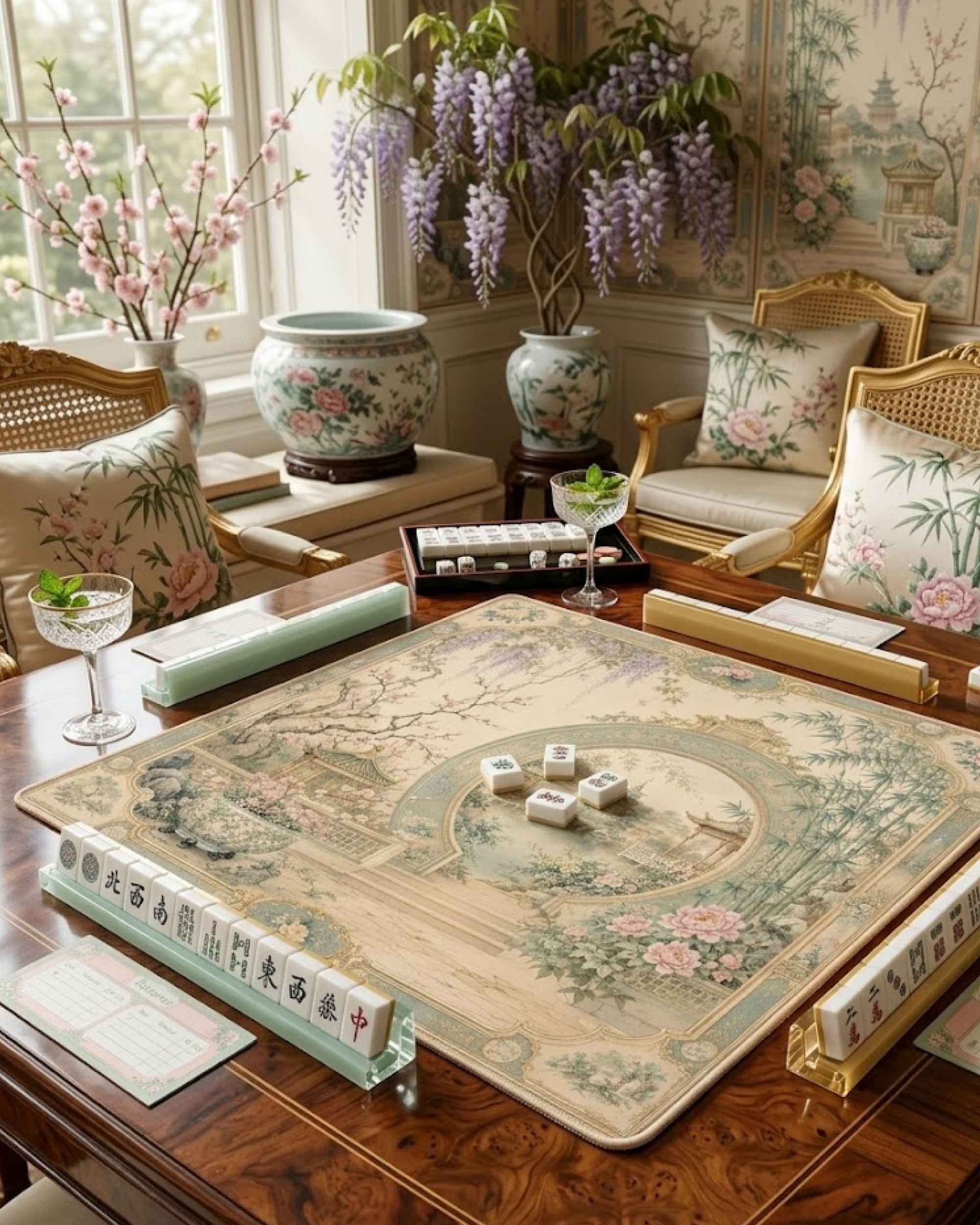 Square mahjong table mat with ornate garden border and circular moon gate emblem, beige and green.