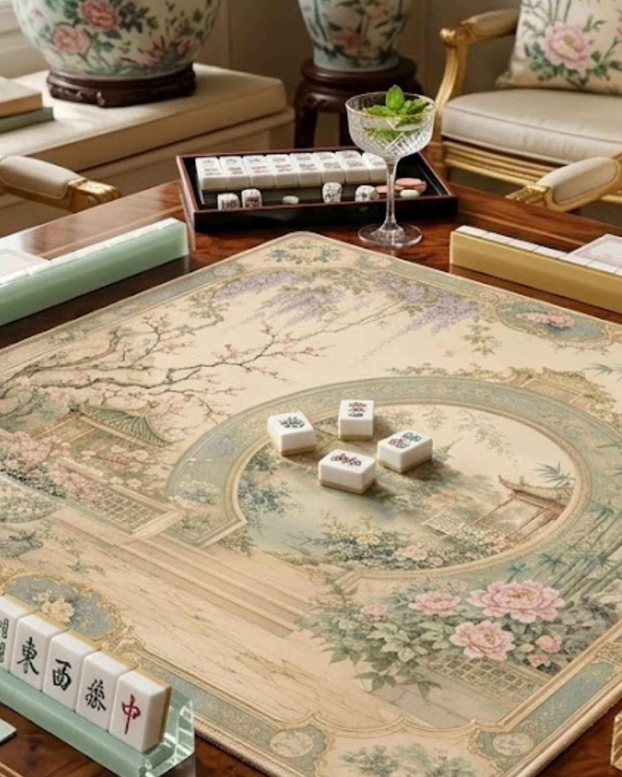 Square mahjong table mat with central circular arch scene and pale floral patterns, beige.