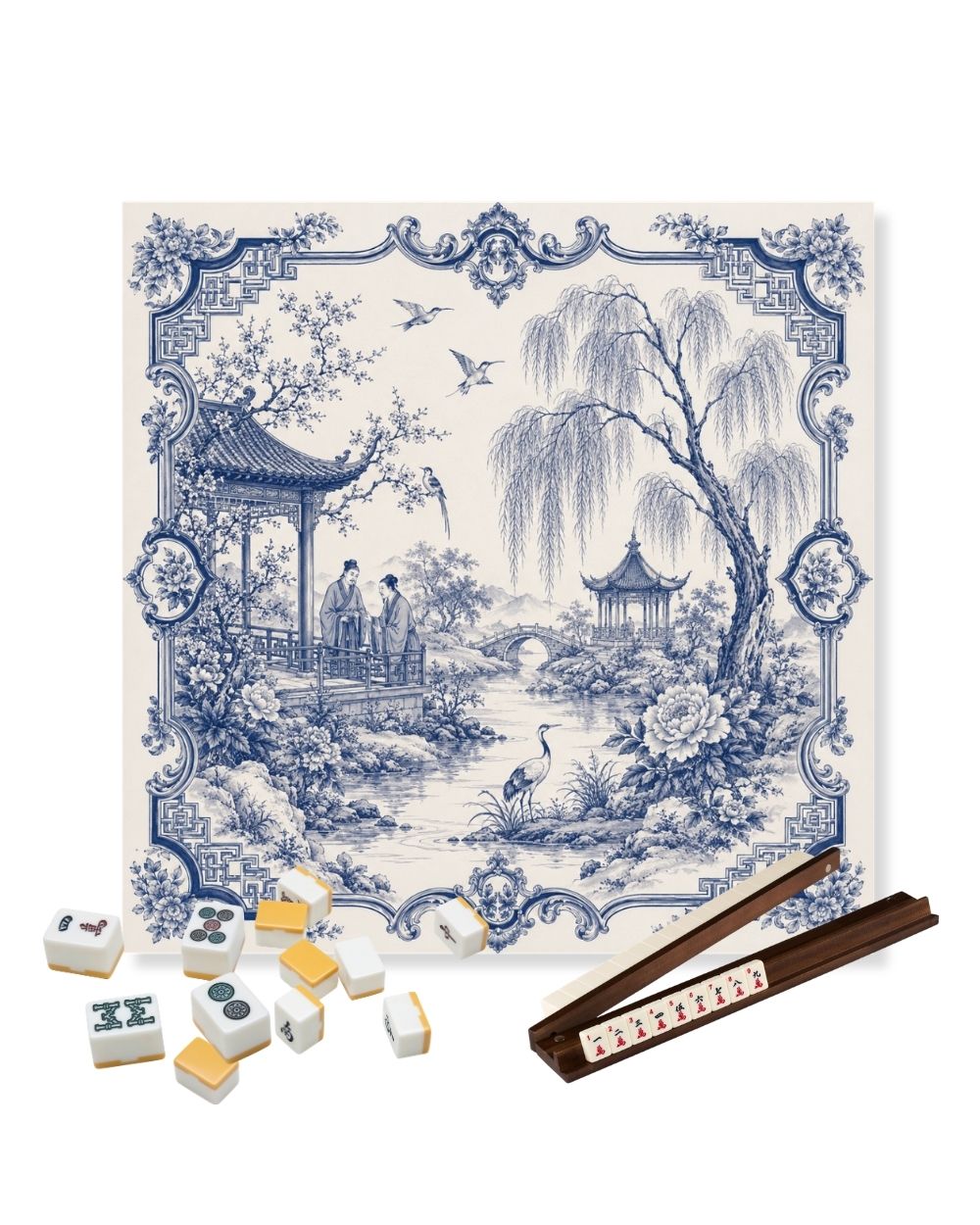 Premsons® The Porcelain Pavilion Mahjong Table Mat – Premium Anti-Slip Square Gaming & Decorative Mat - 23 x 23 inch - Versatile Non-Slip Play Surface