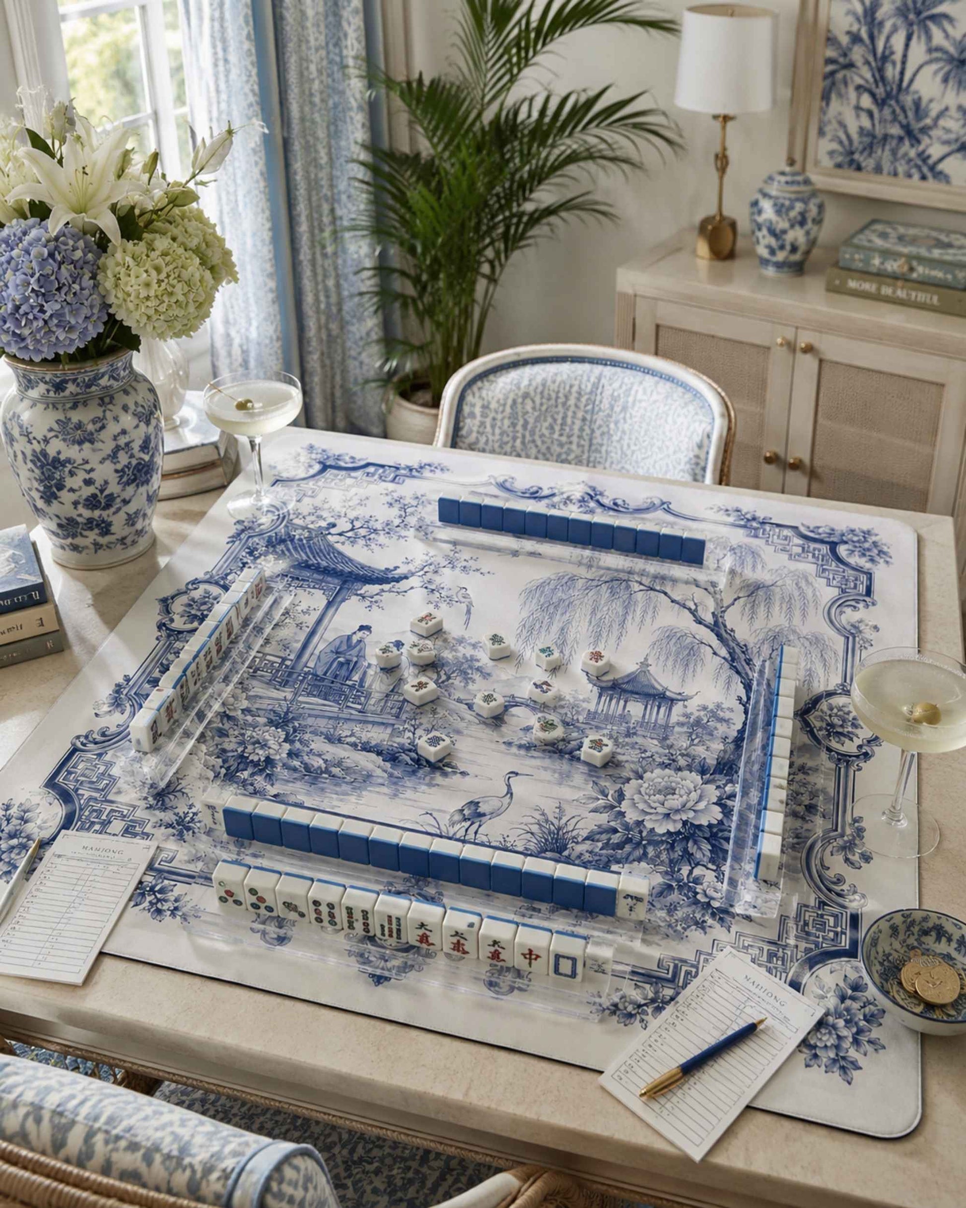 Square mahjong table mat with blue-and-white porcelain scene print on tabletop