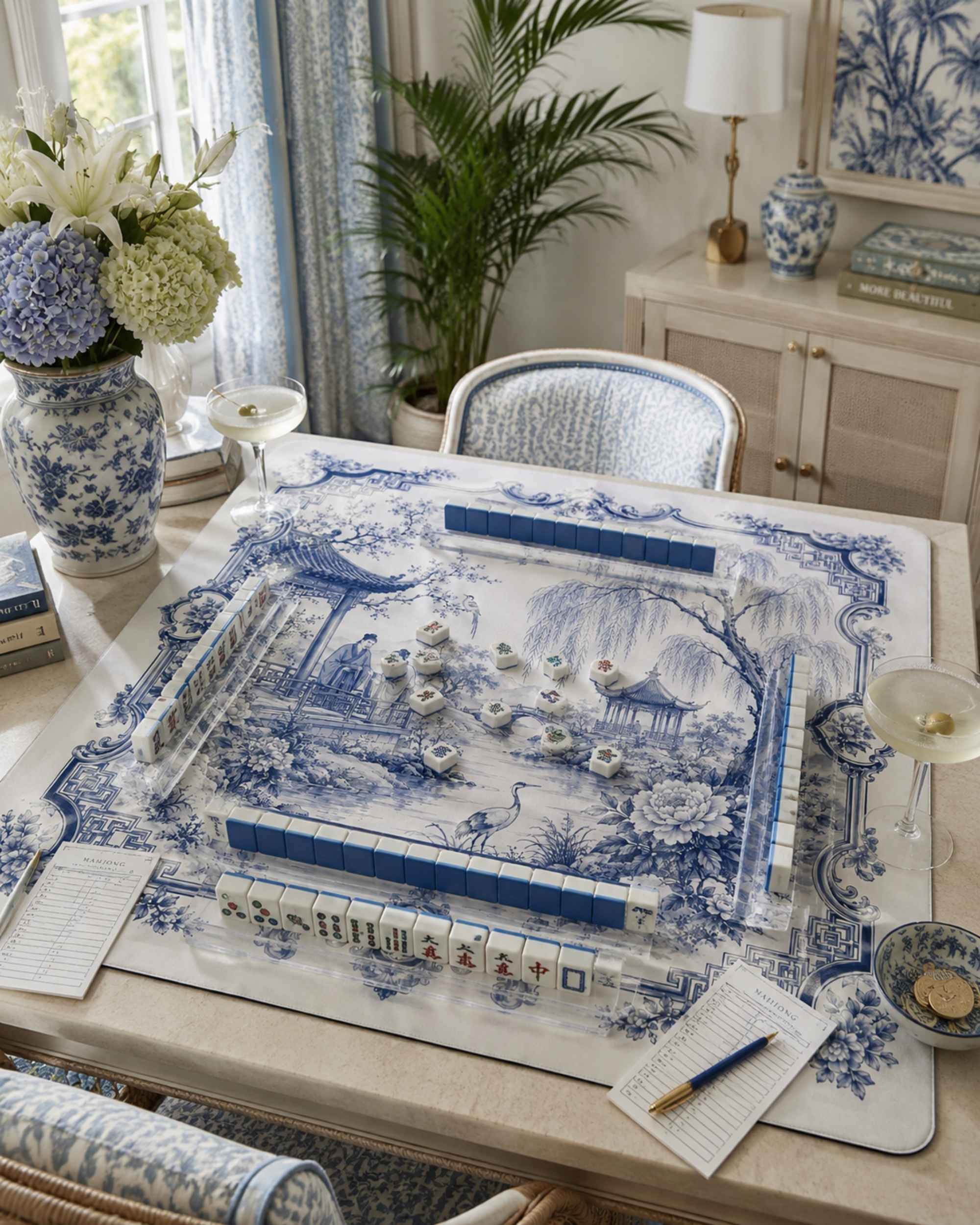 Square mahjong table mat with blue-and-white porcelain scene print on tabletop