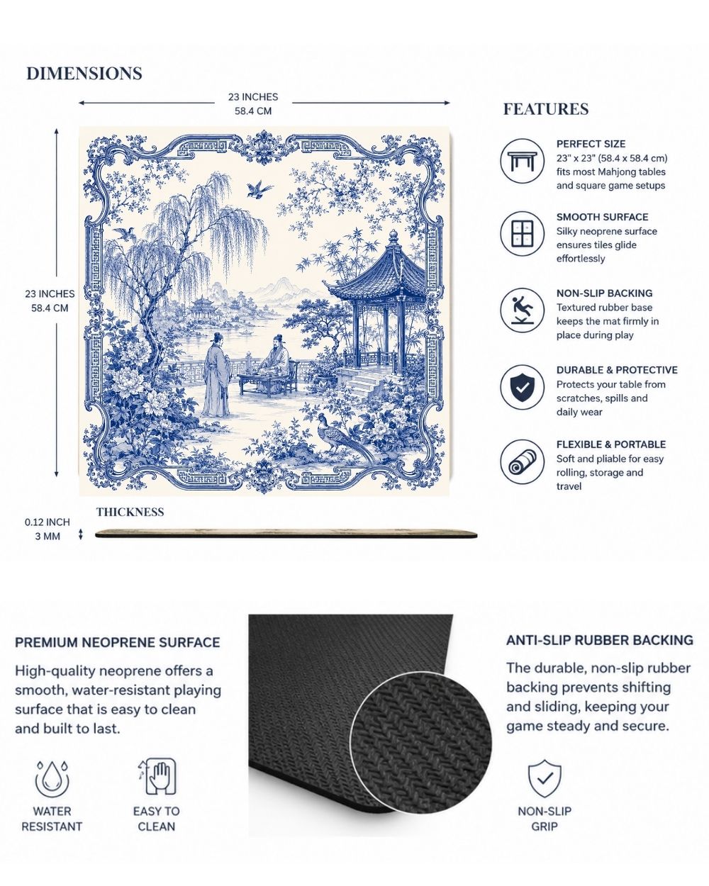 Premsons® The Scholar's Garden Mahjong Table Mat – Premium Anti-Slip Square Gaming & Decorative Mat - 23 x 23 inch - Versatile Non-Slip Play Surface