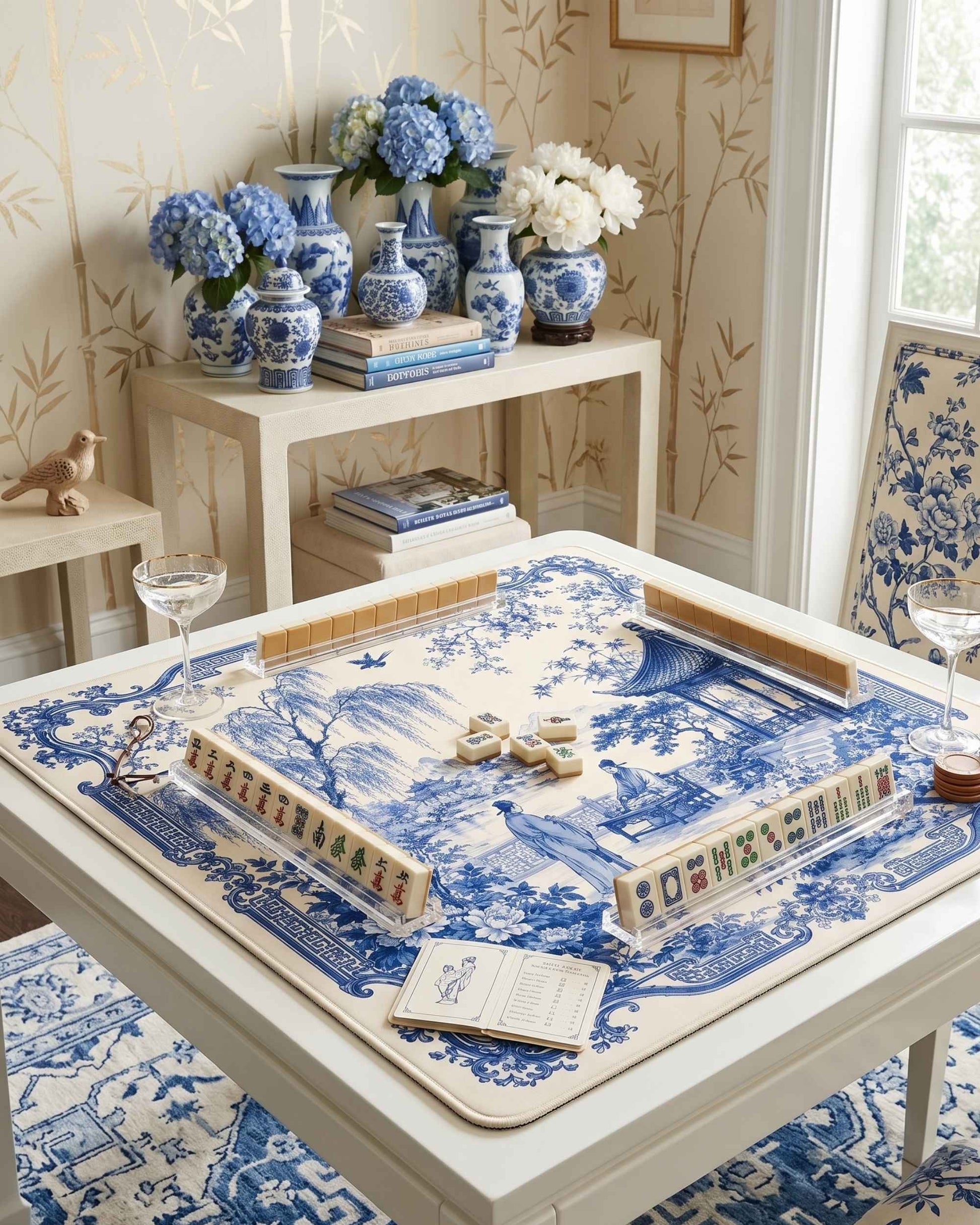 Square blue-and-white mahjong table mat on tabletop with decorative border pattern
