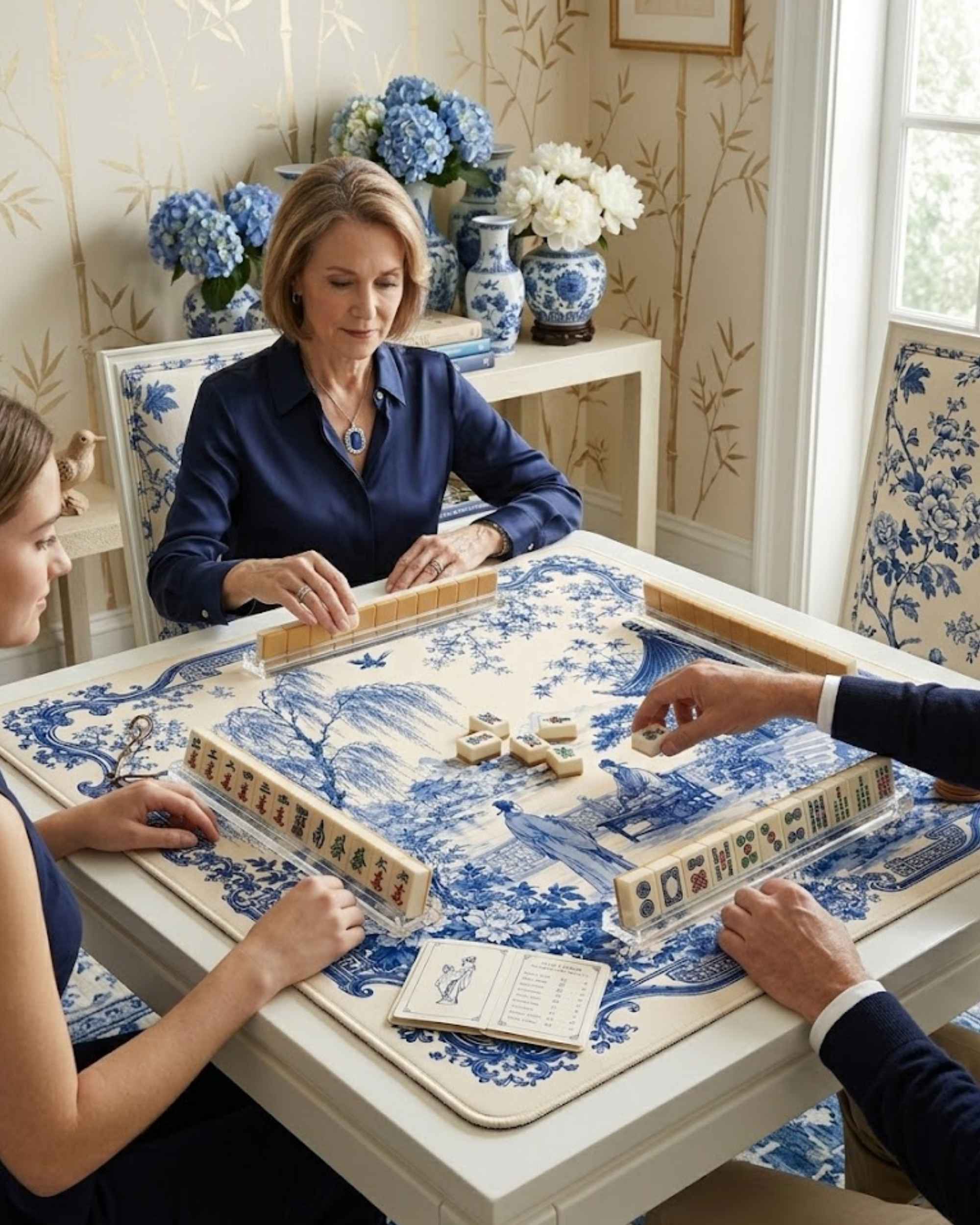 Blue-and-white mahjong table mat used for tabletop play with ornate border design