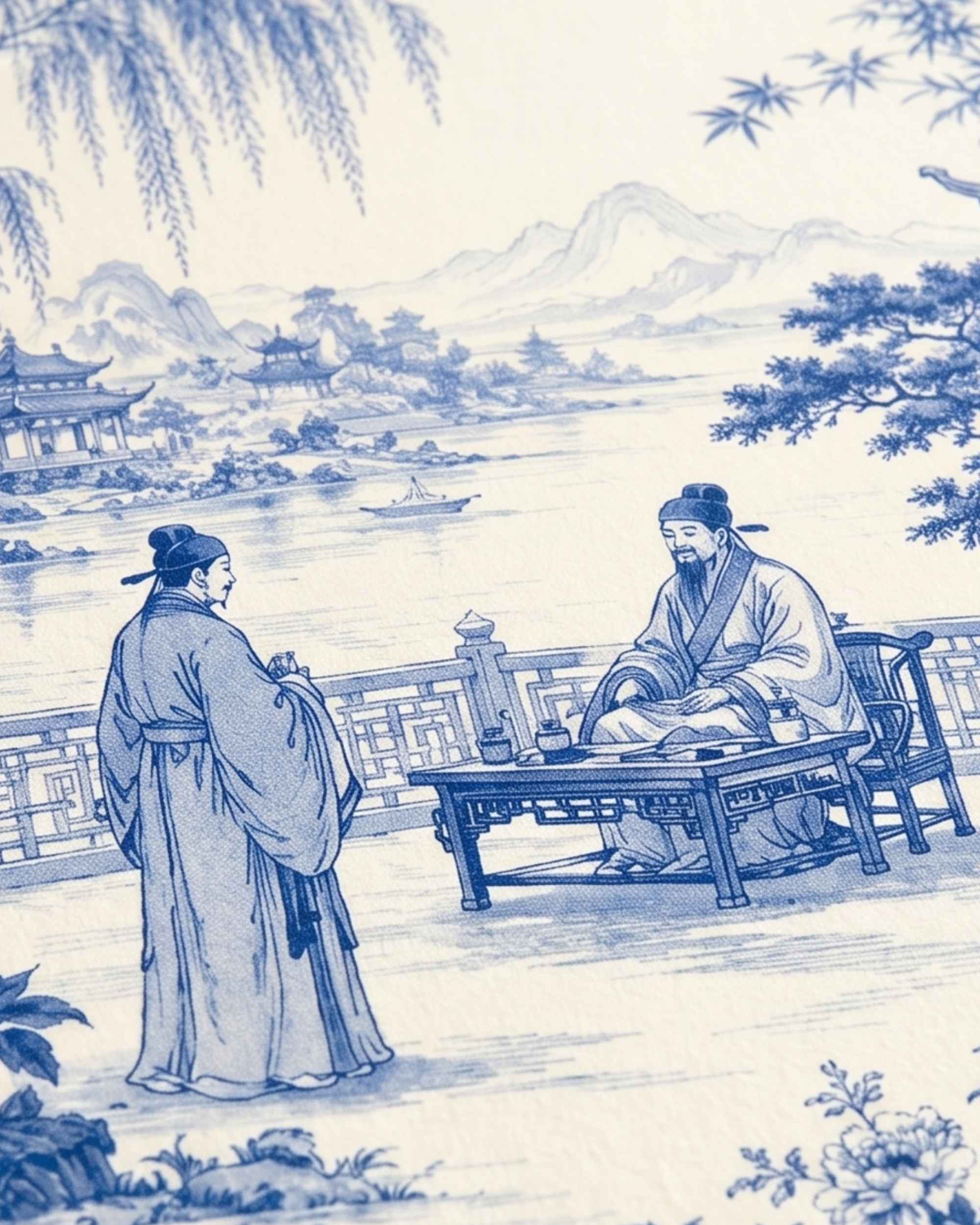 Blue-and-white garden illustration on square mahjong table mat, close-up border