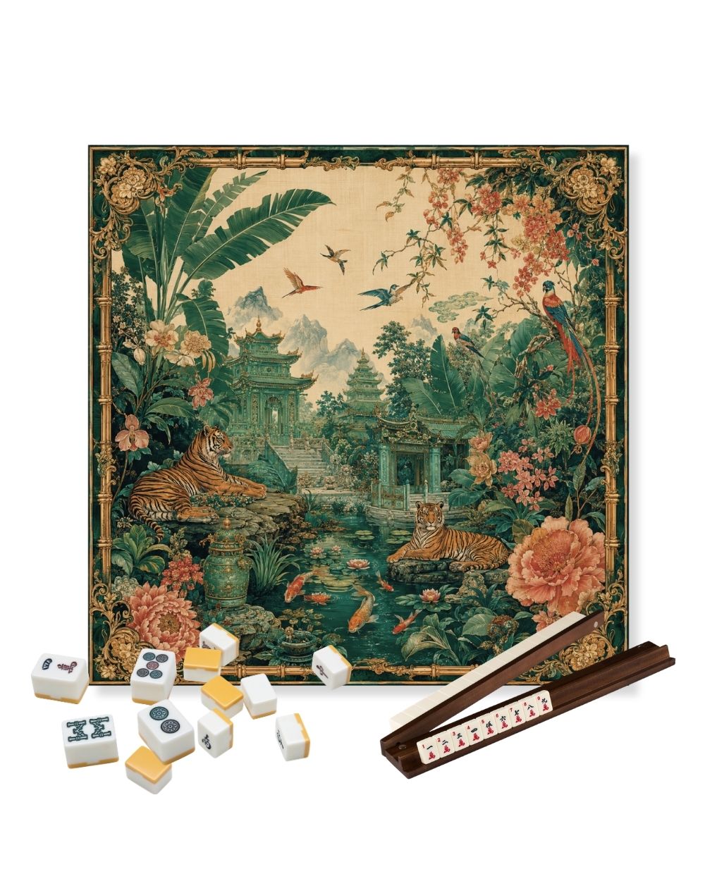 Premsons® Tigers of the Jade Jungle Mahjong Table Mat – Premium Anti-Slip Square Gaming & Decorative Mat - 23 x 23 inch - Versatile Non-Slip Play Surface