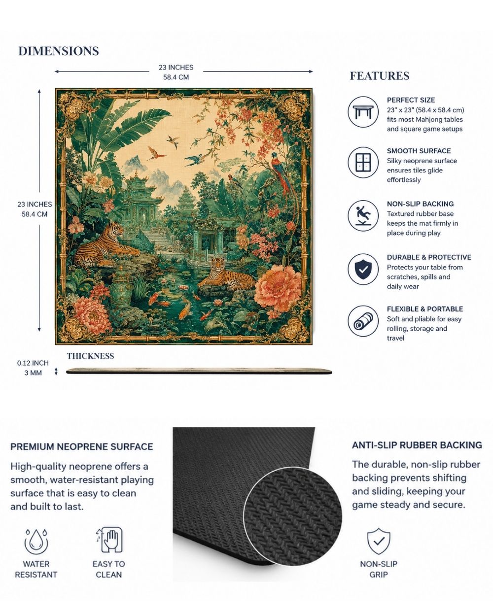 Premsons® Tigers of the Jade Jungle Mahjong Table Mat – Premium Anti-Slip Square Gaming & Decorative Mat - 23 x 23 inch - Versatile Non-Slip Play Surface