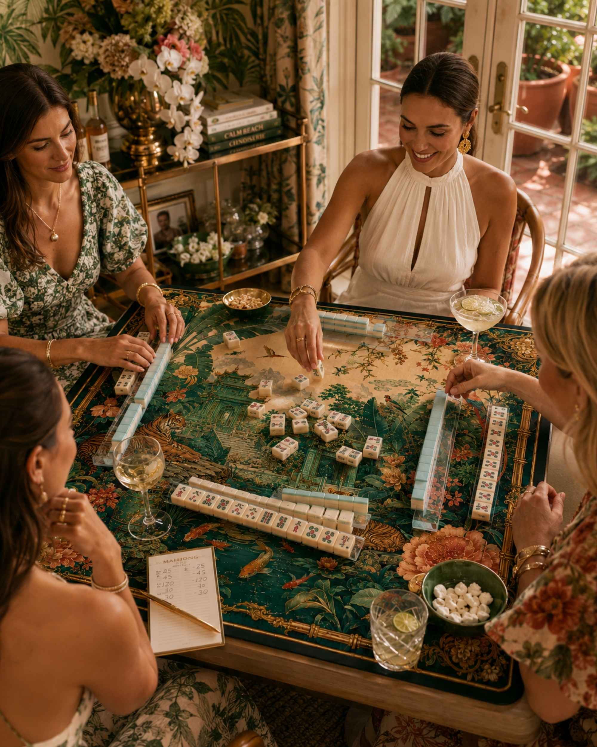 People playing mahjong around a square jungle mat with tiger and floral garden design.