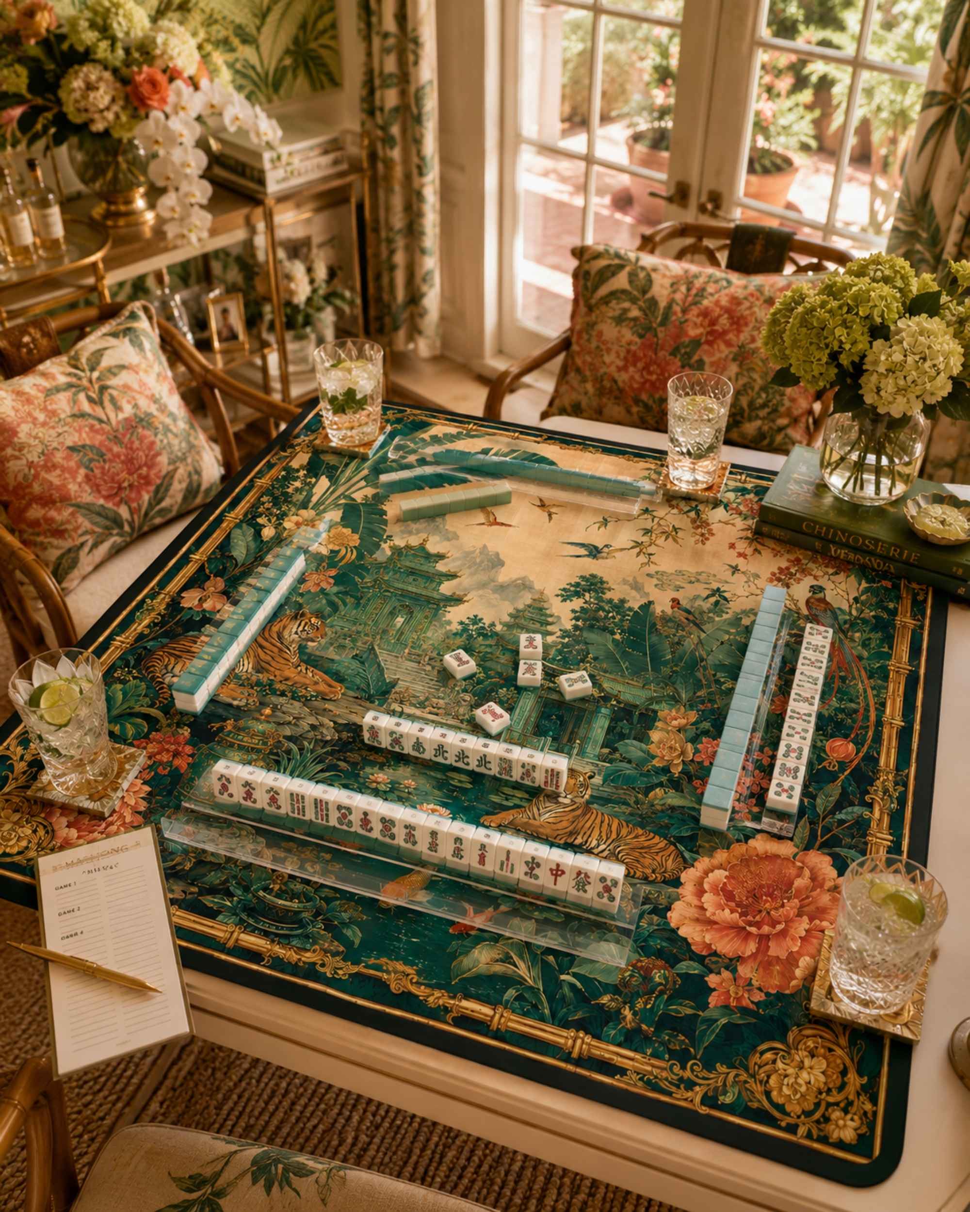 Jungle-themed mahjong table mat with floral tiger artwork, set with tiles on a table.