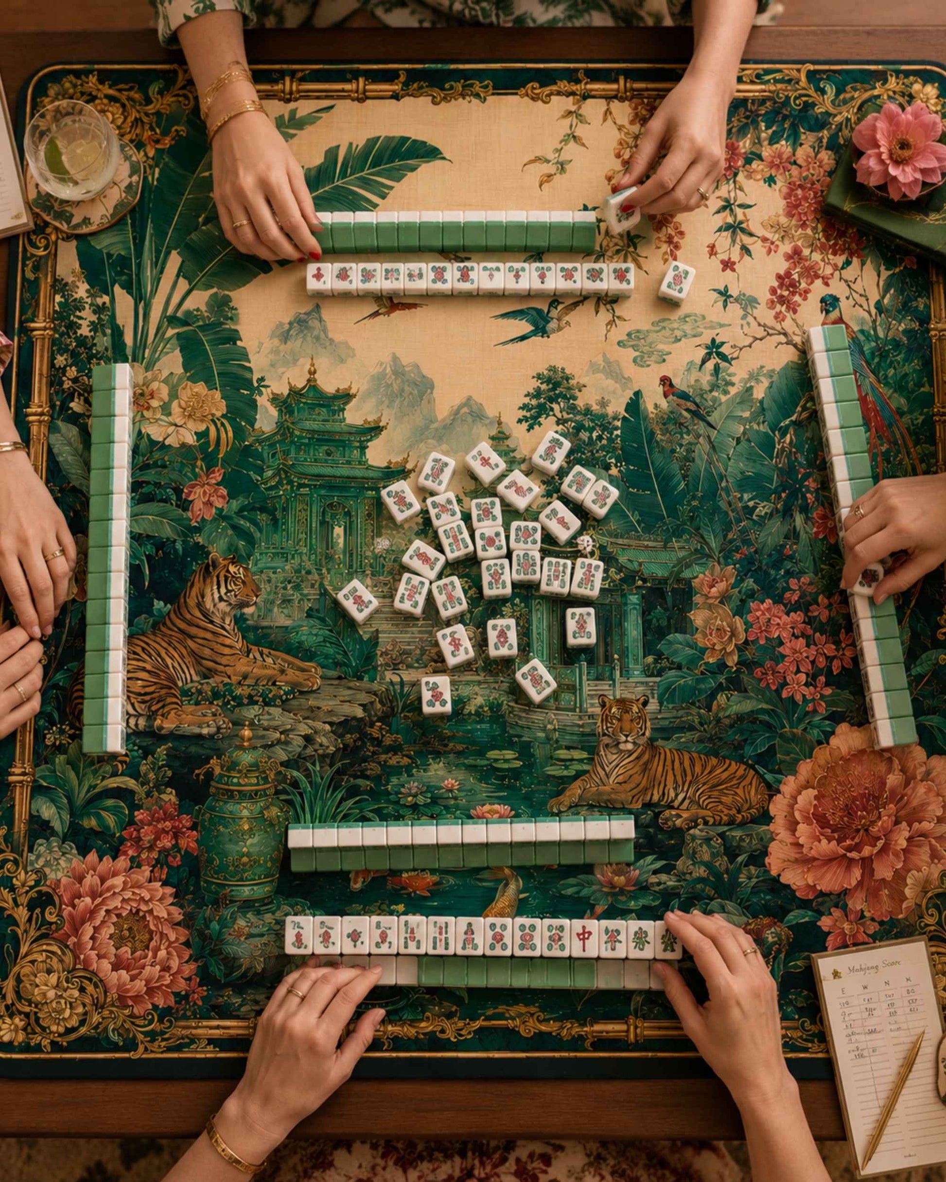 Hands playing on a square jungle mahjong mat with tiger and garden artwork, tiles arranged.