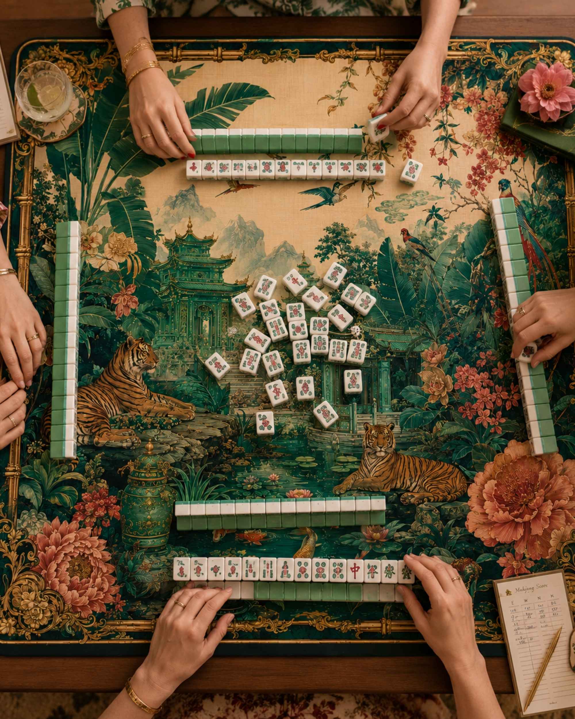Hands playing on a square jungle mahjong mat with tiger and garden artwork, tiles arranged.