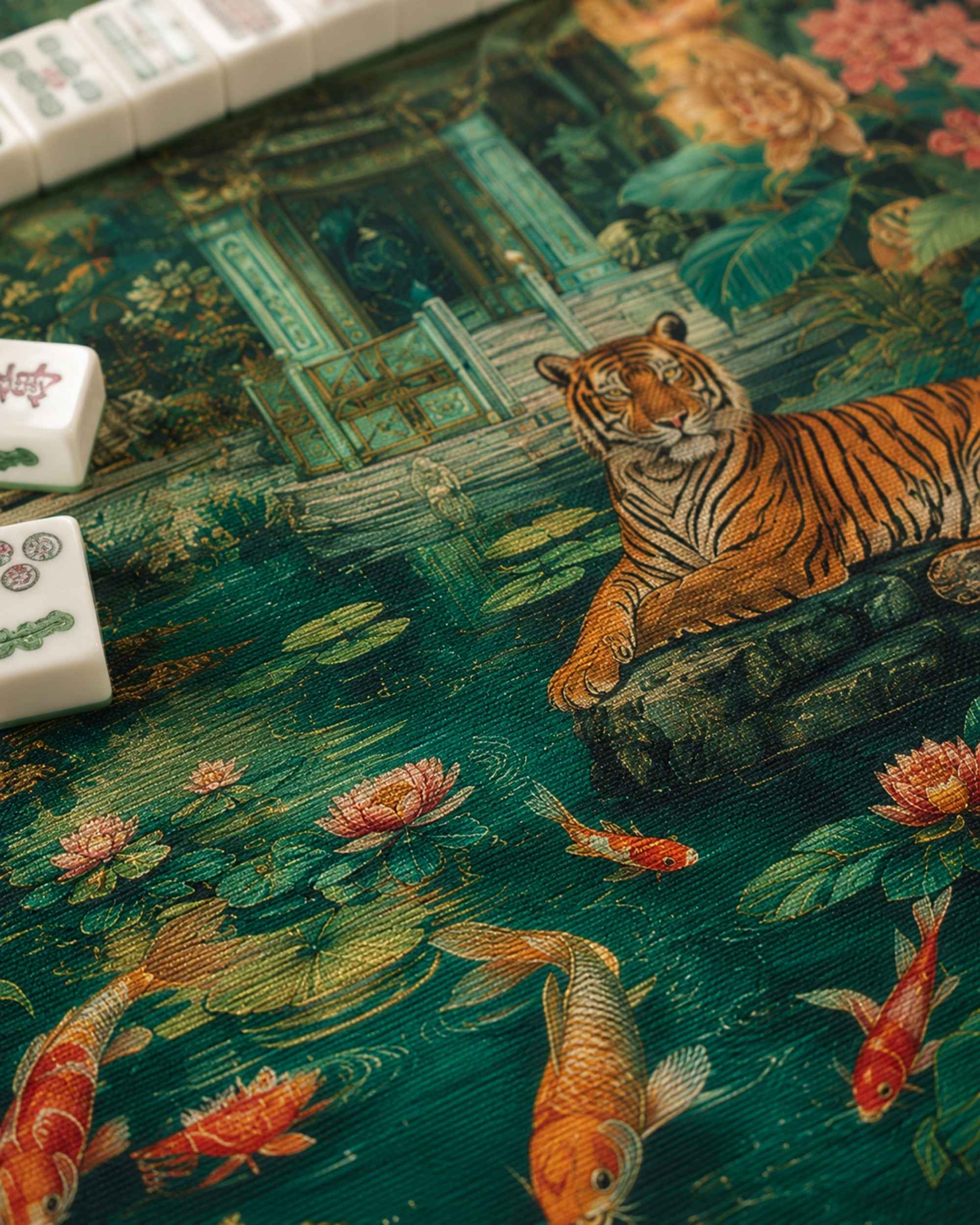 Close-up of jungle mahjong mat fabric with tiger illustration in green and teal.