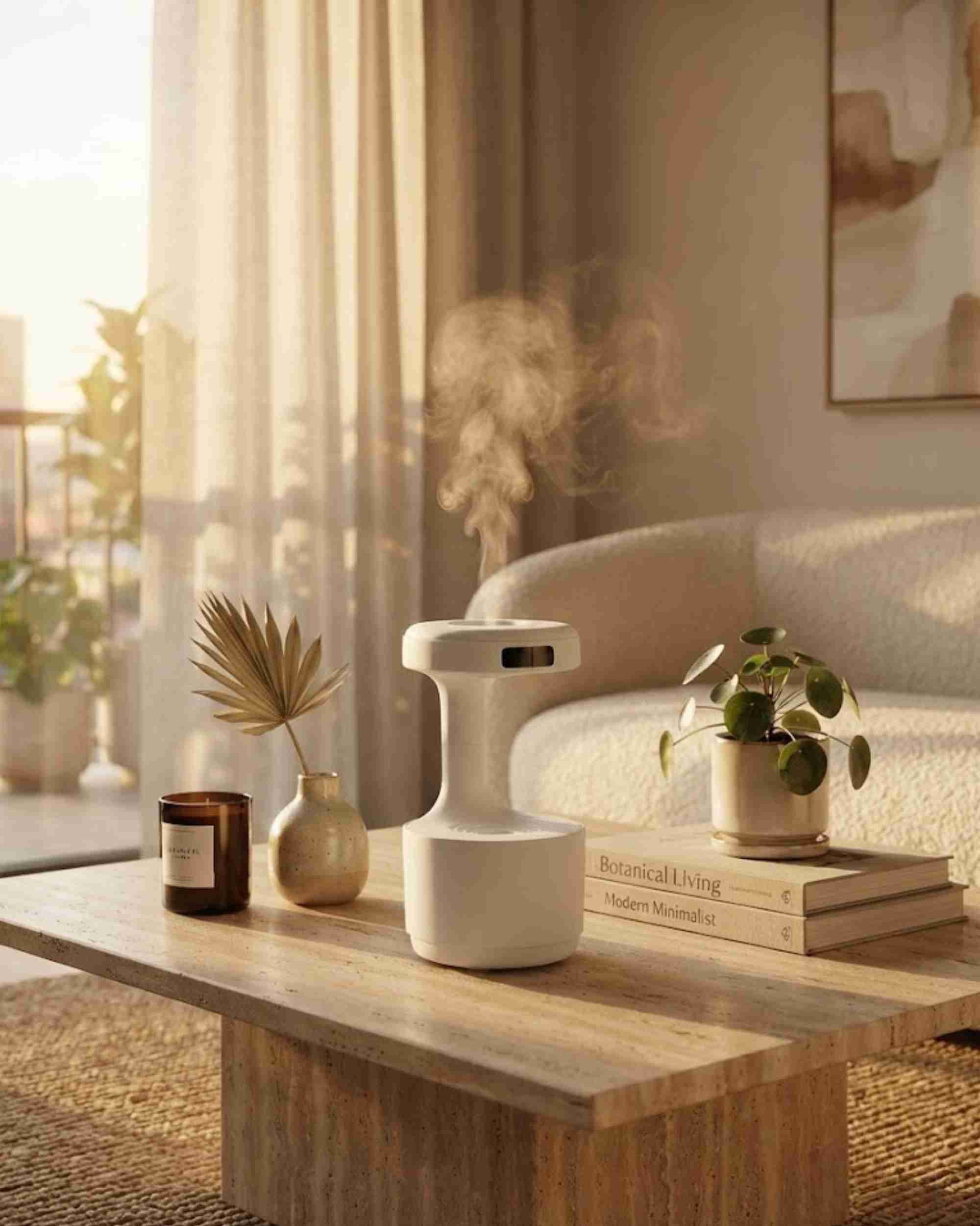 White waterfall aroma diffuser with LED window on wooden side table