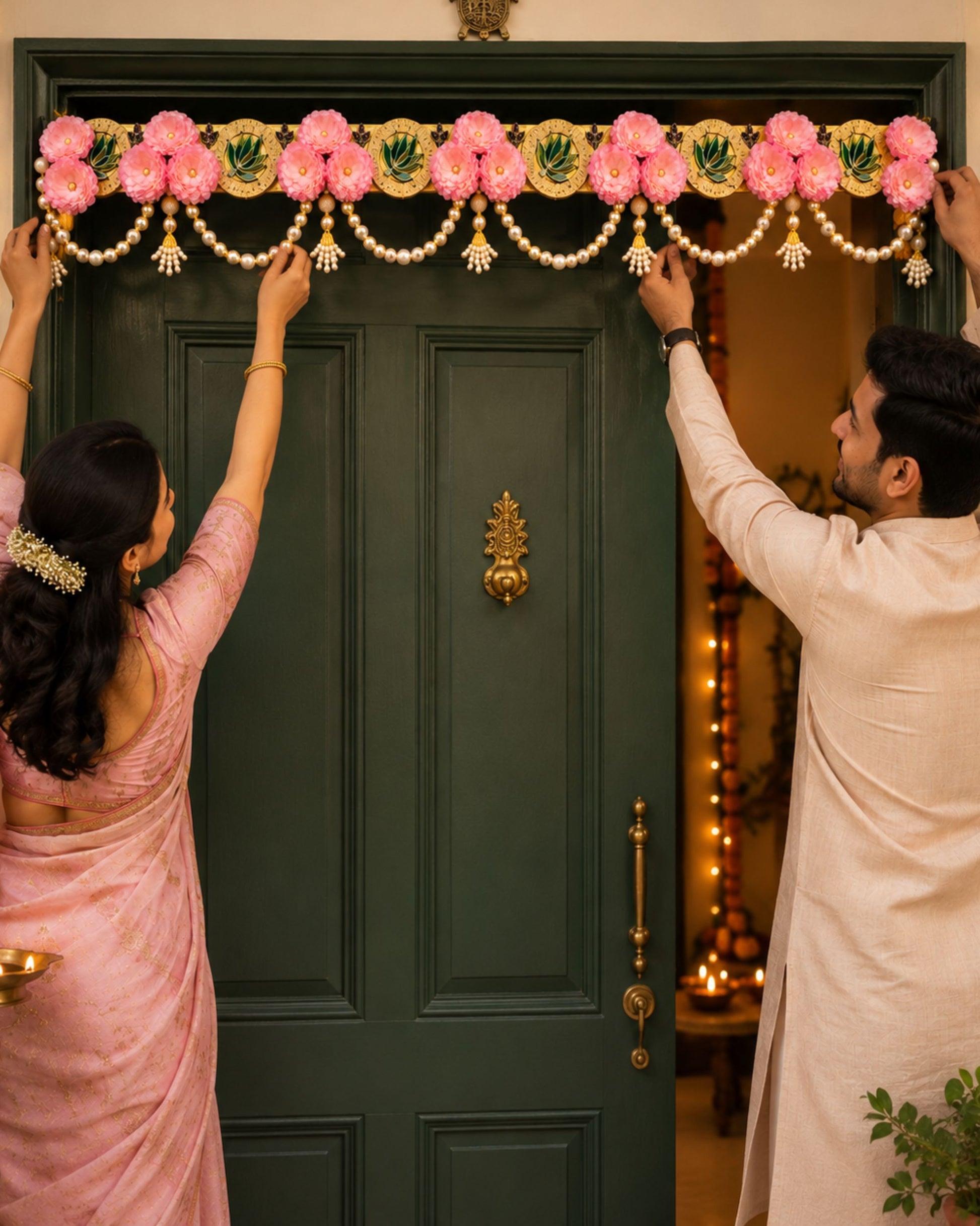 Floral toran wall hanging across doorway with pink blooms, pearl tassels, and gold details