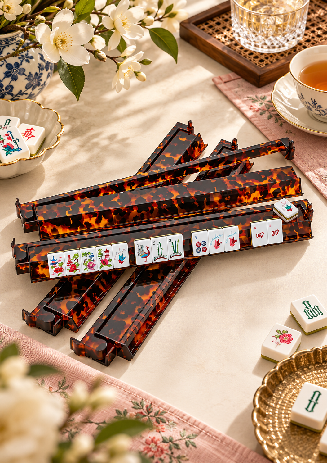 Tortoise shell ABS mahjong tile rack set of 4 with divider holders