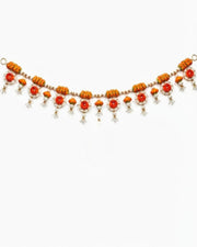 Full handmade floral toran garland with orange marigold beads, white pearls, and round motifs