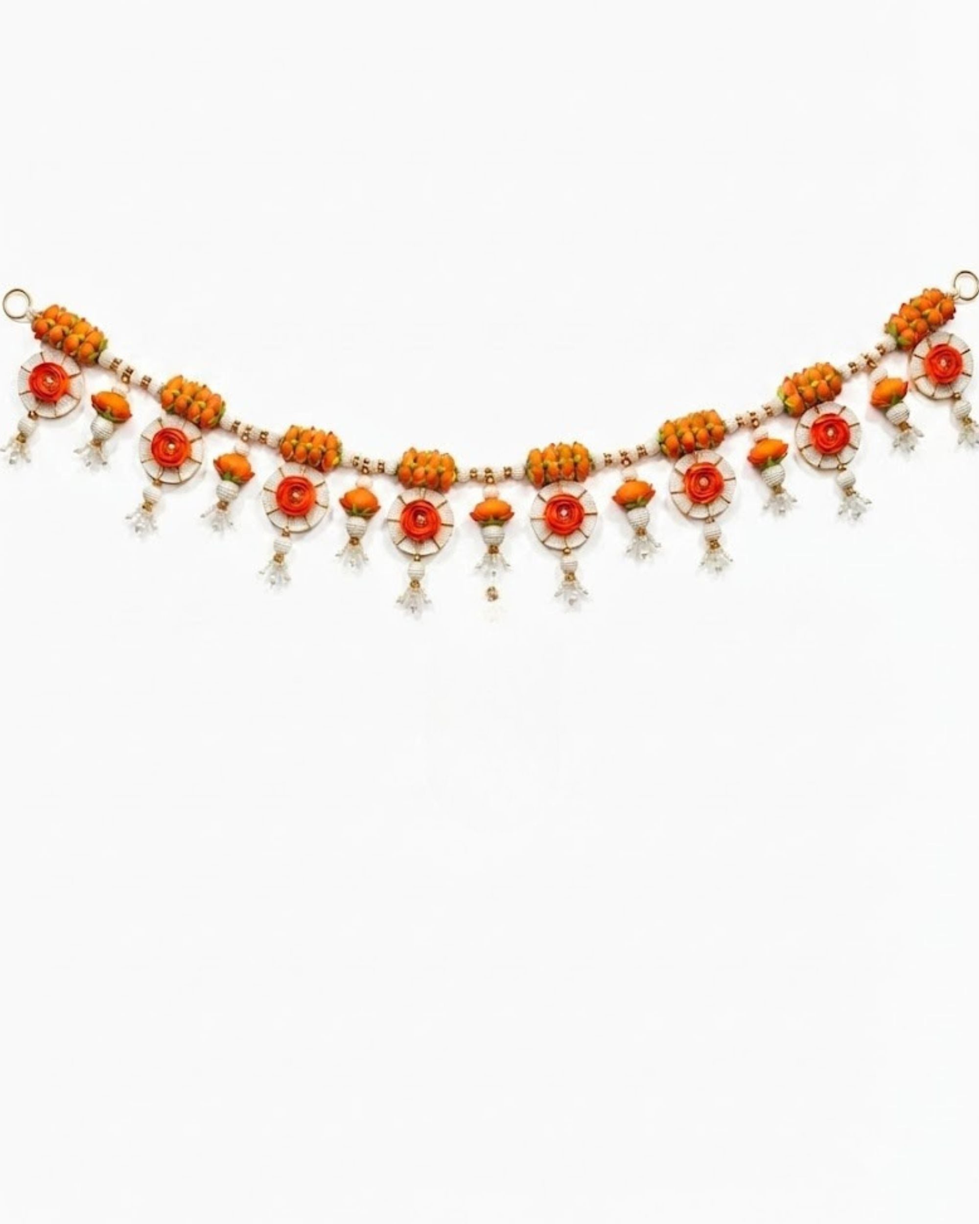 Full handmade floral toran garland with orange marigold beads, white pearls, and round motifs