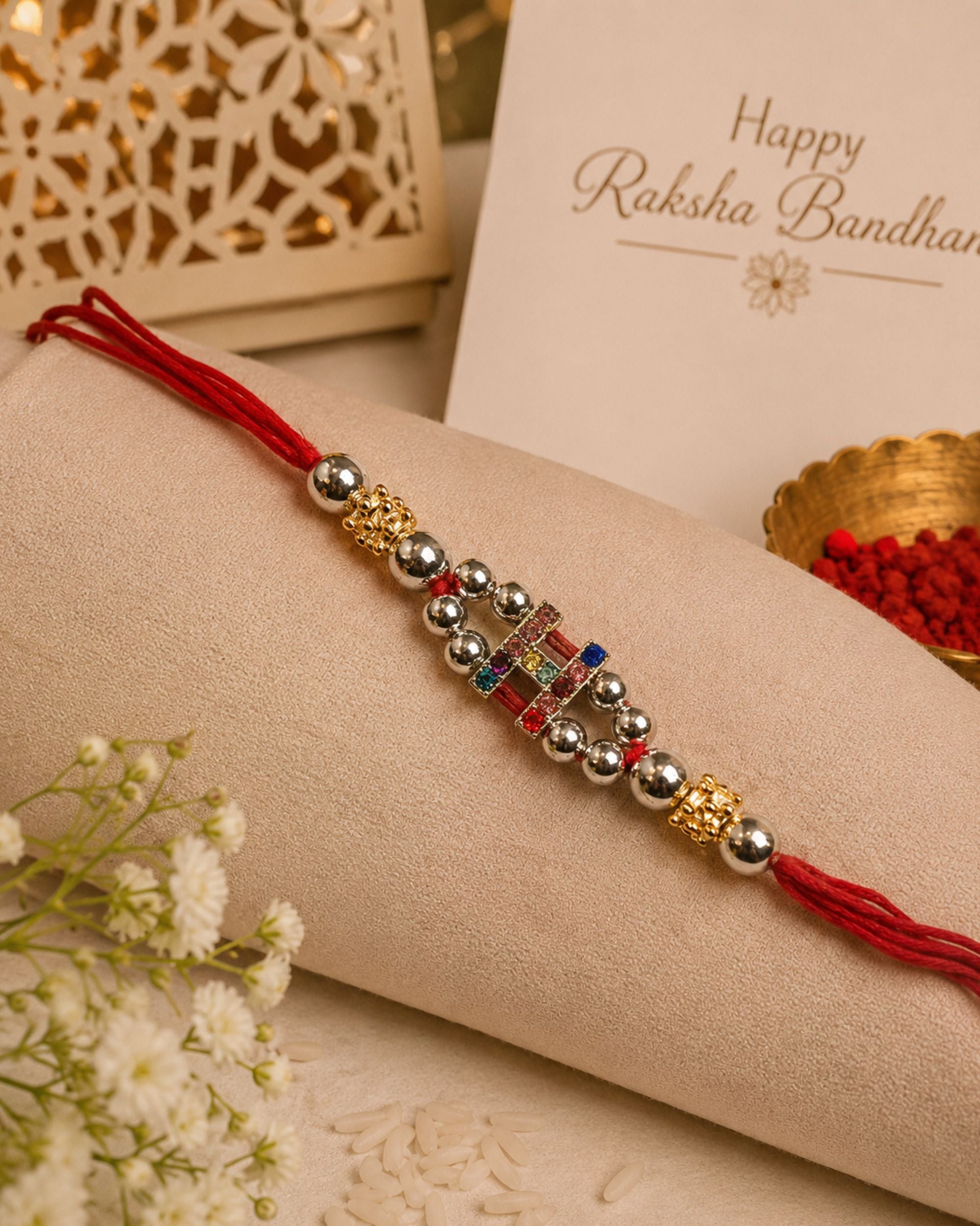 Premsons® Personalized Alphabet Rakhi – Red Thread Crystal Initial Rakhi for Brother