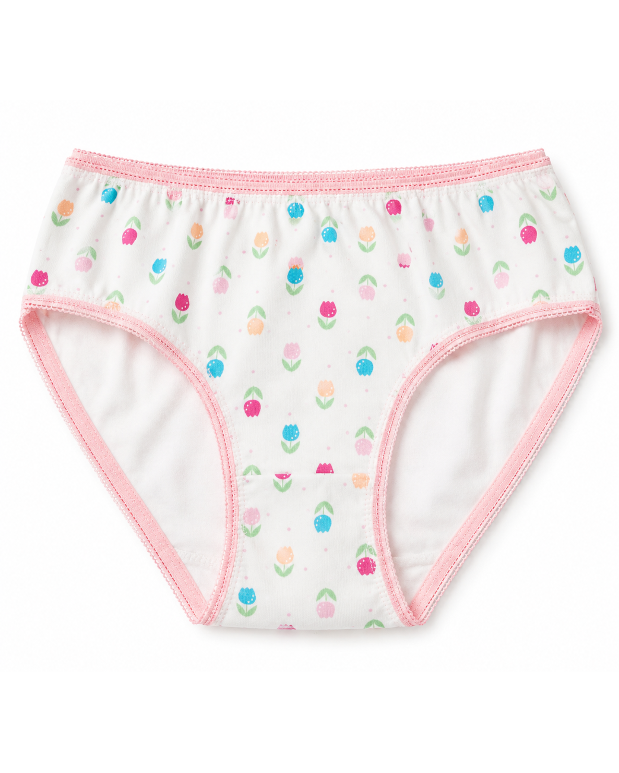 Girls' cute cut underwear brief, white with colorful fruit/flower pattern and pink trim