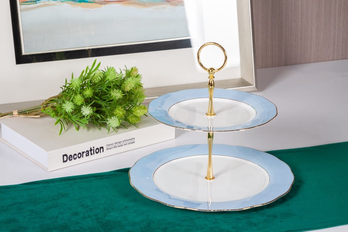 Premsons® Two-Tier Cake Stand – Elegant Porcelain Tiered Cake Stand for Parties & Events – Powder Blue