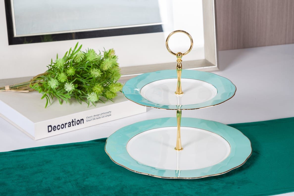 Premsons® Two-Tier Cake Stand – Elegant Porcelain Tiered Cake Stand for Parties & Events – Mint Green