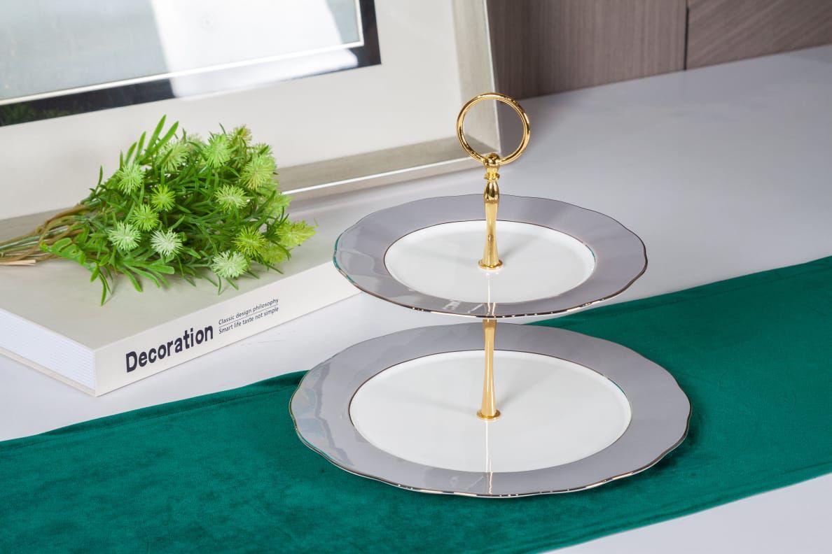 Premsons® Two-Tier Cake Stand – Elegant Porcelain Tiered Cake Stand for Parties & Events – Solid Grey