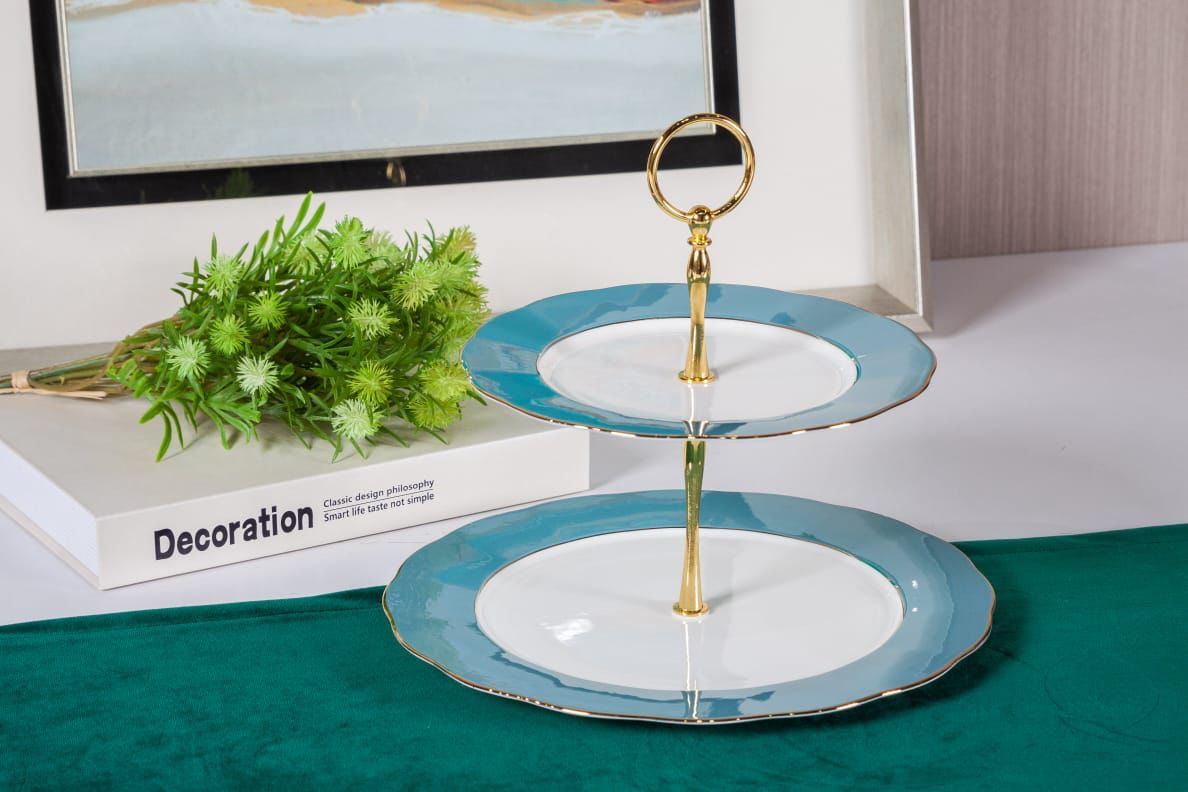 Premsons® Two-Tier Cake Stand – Elegant Porcelain Tiered Cake Stand for Parties & Events – Teal Green