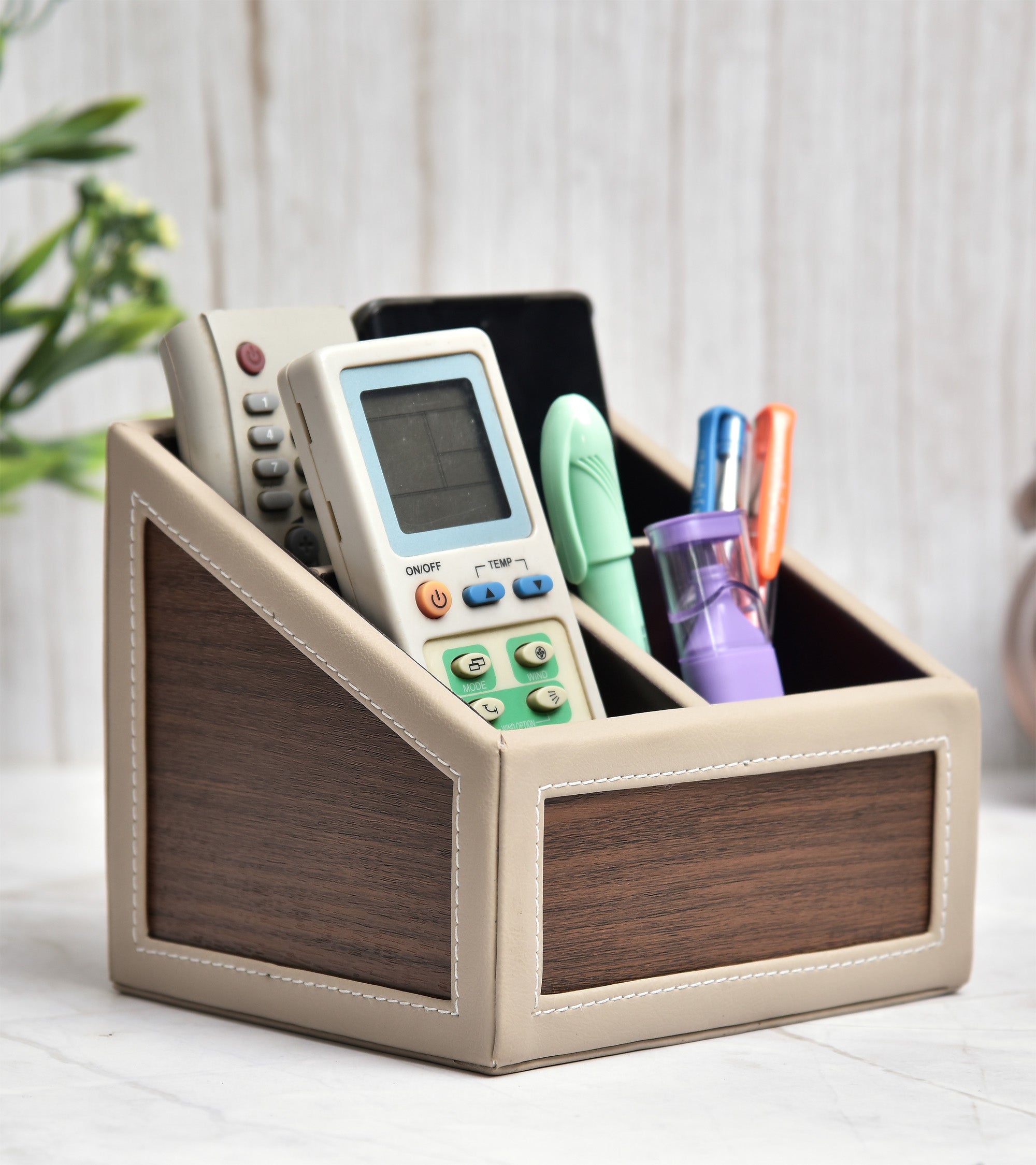 Premsons® Remote Holder Artificial Leather with Wooden Finish – 3 Section Tabletop Organizer for TV, AC & Office Desk Accessories – Compact & Stylish Storage Solution for Home & Office