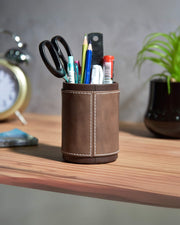 Premsons® Pen Stand Two-Tone Vegan Leather - Stylish Brown & Dark Brown Leatherette Desk Organizer for Home & Office - Durable Faux Leather Stationery Holder, Elegant Design