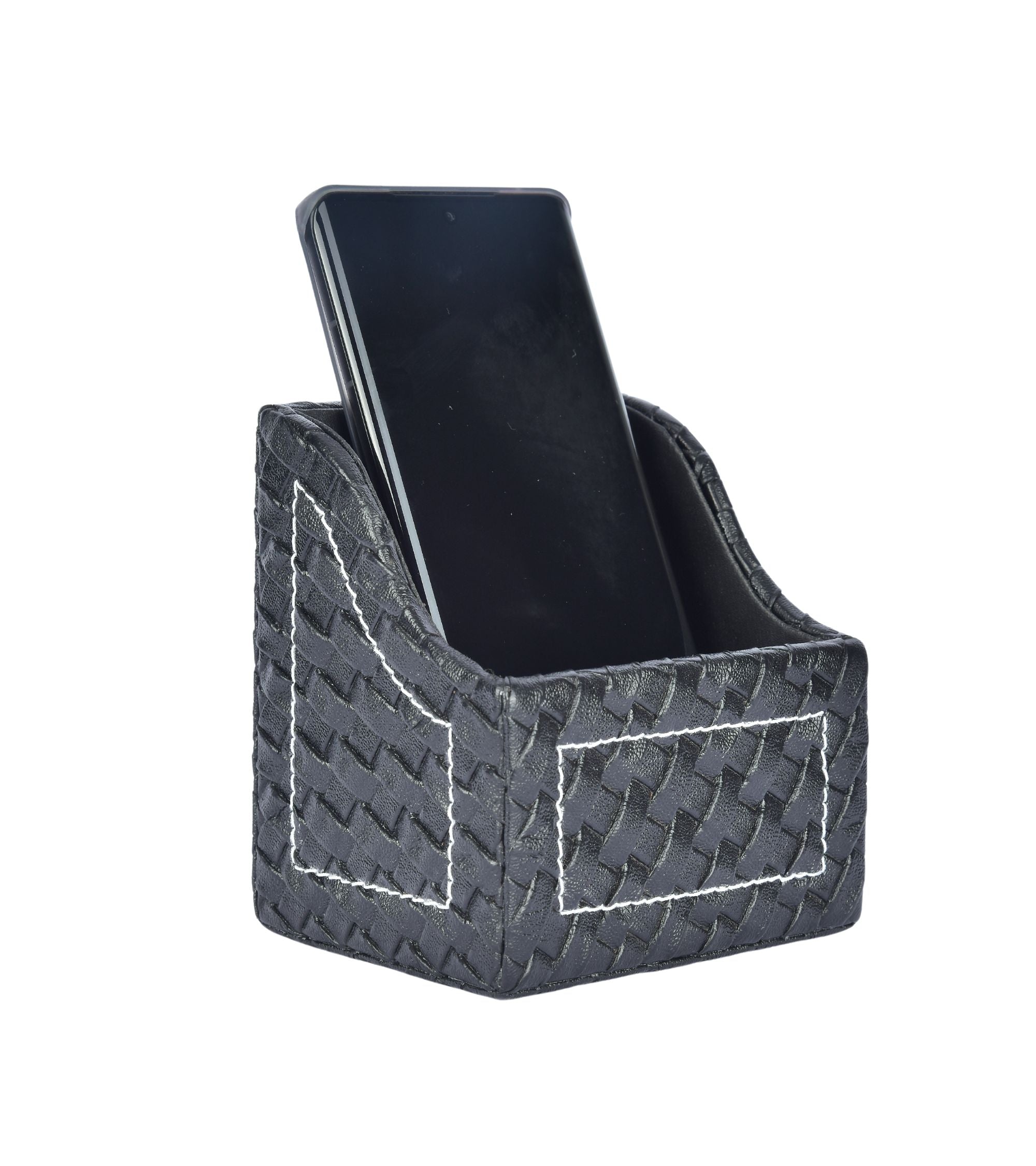 Premsons® Faux Leather Mobile Stand – Premium Woven Design Card Holder for Desk – Stylish Single Compartment Organizer for Phone & Essentials – Black