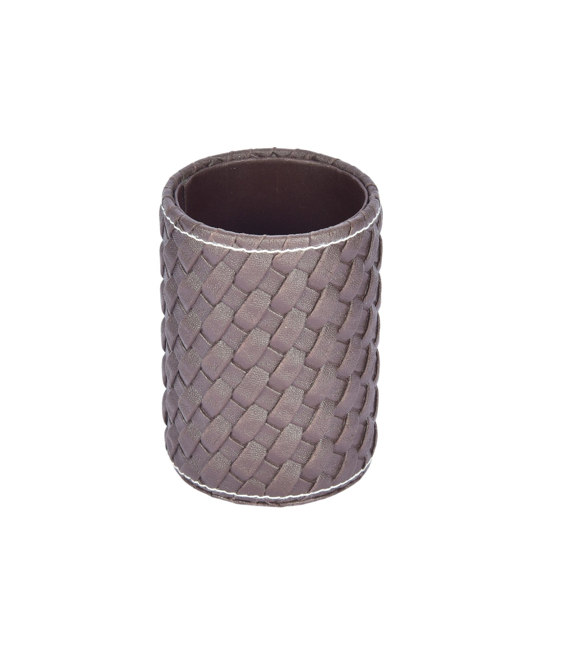 Woven faux leather pen stand, dark brown cylindrical holder with stitched rim.